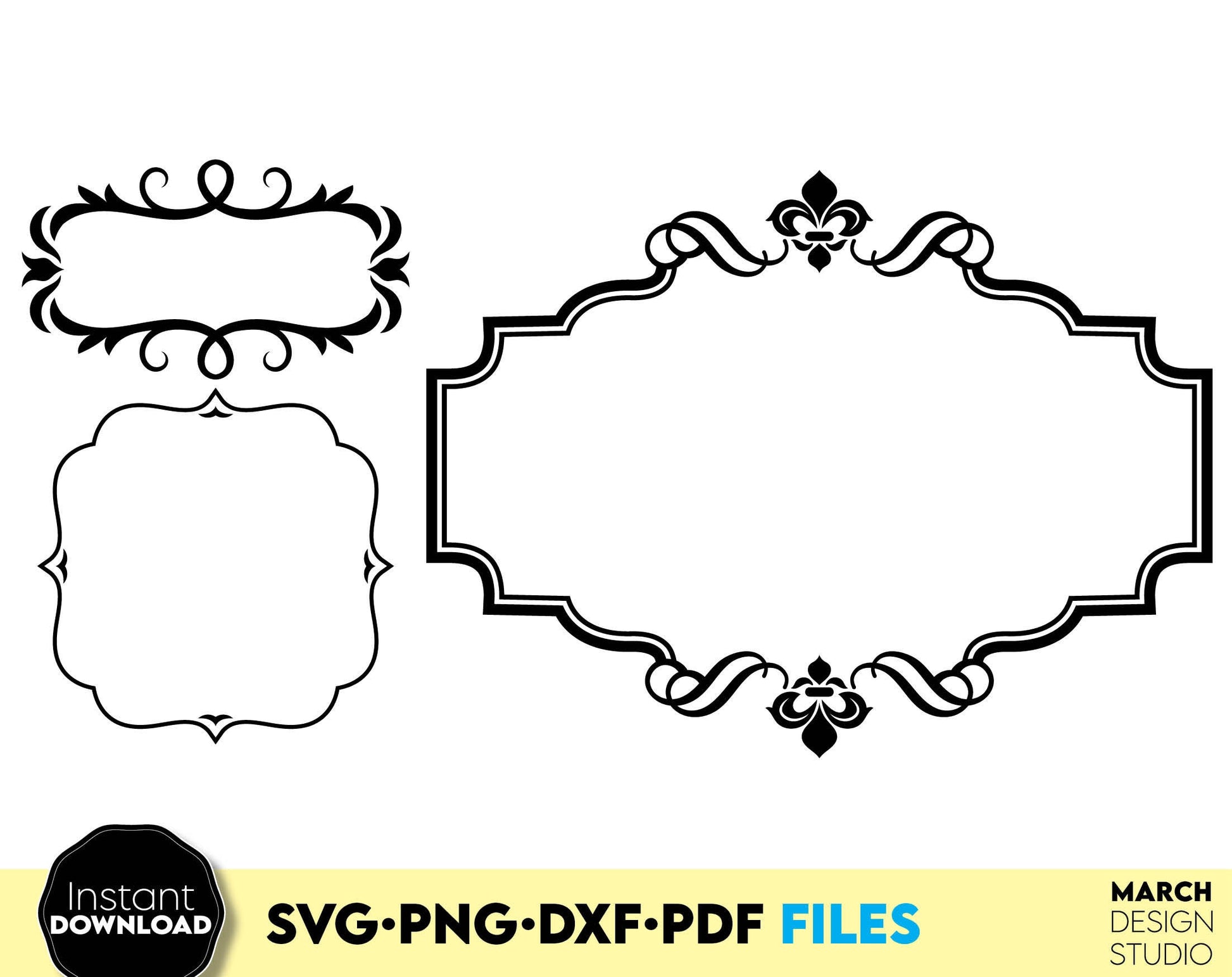 Decorative frame templates bundle for Your home improving projects. SVG PNG DXF PDF files included. Compatible with Cricut, Silhouette or other machines. Cut from vinyl, use for sublimation or laser cut or grave projects as well. Buy now and enjoy!