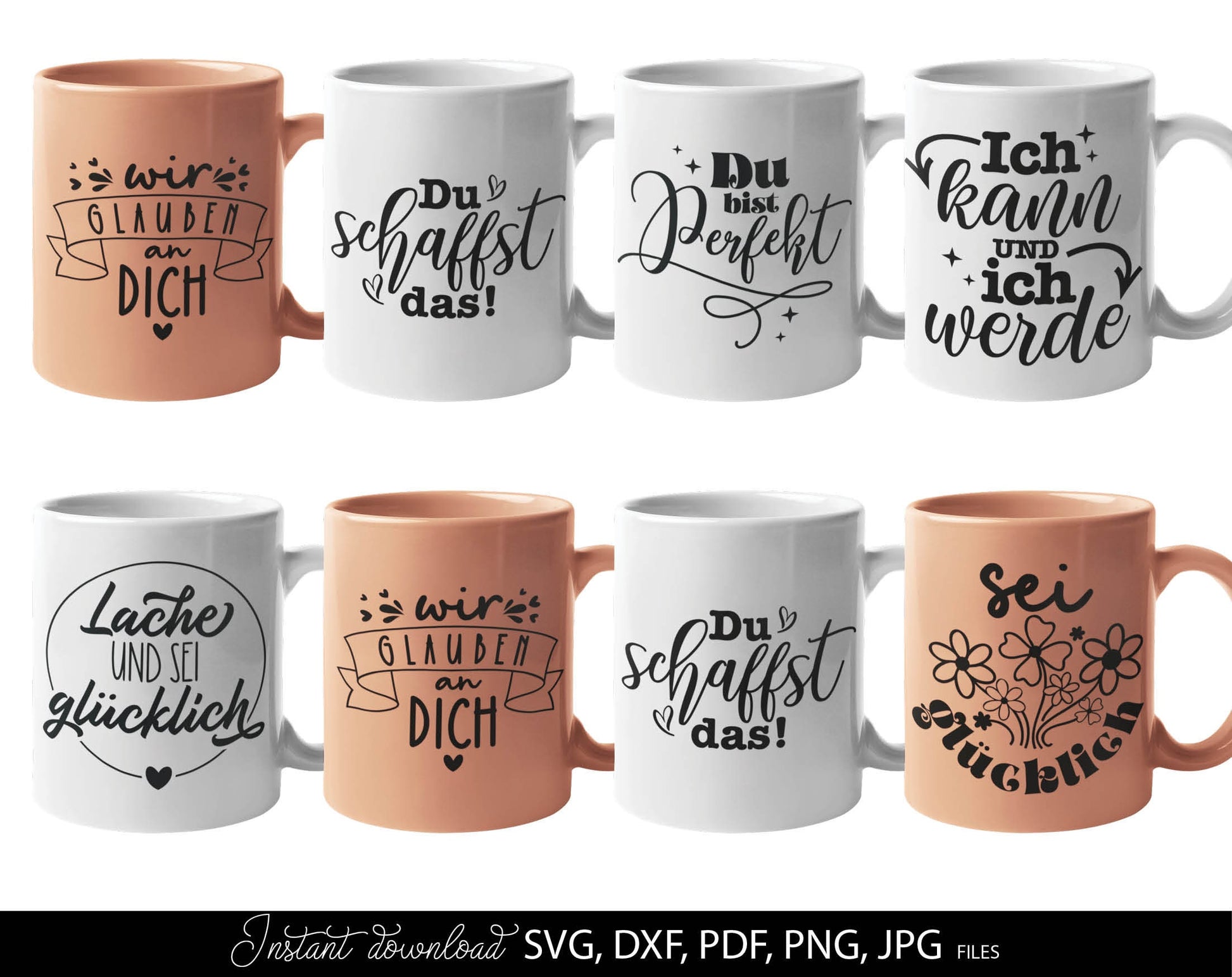 German Positive Quotes Plotter File SVG, PNG DXF JPG and PDF files included. Compatible with Cricut, Silhouette, Glowforge or other machines. Use for sublimation or laser cut projects as well. Buy now and enjoy! Discount prices available.