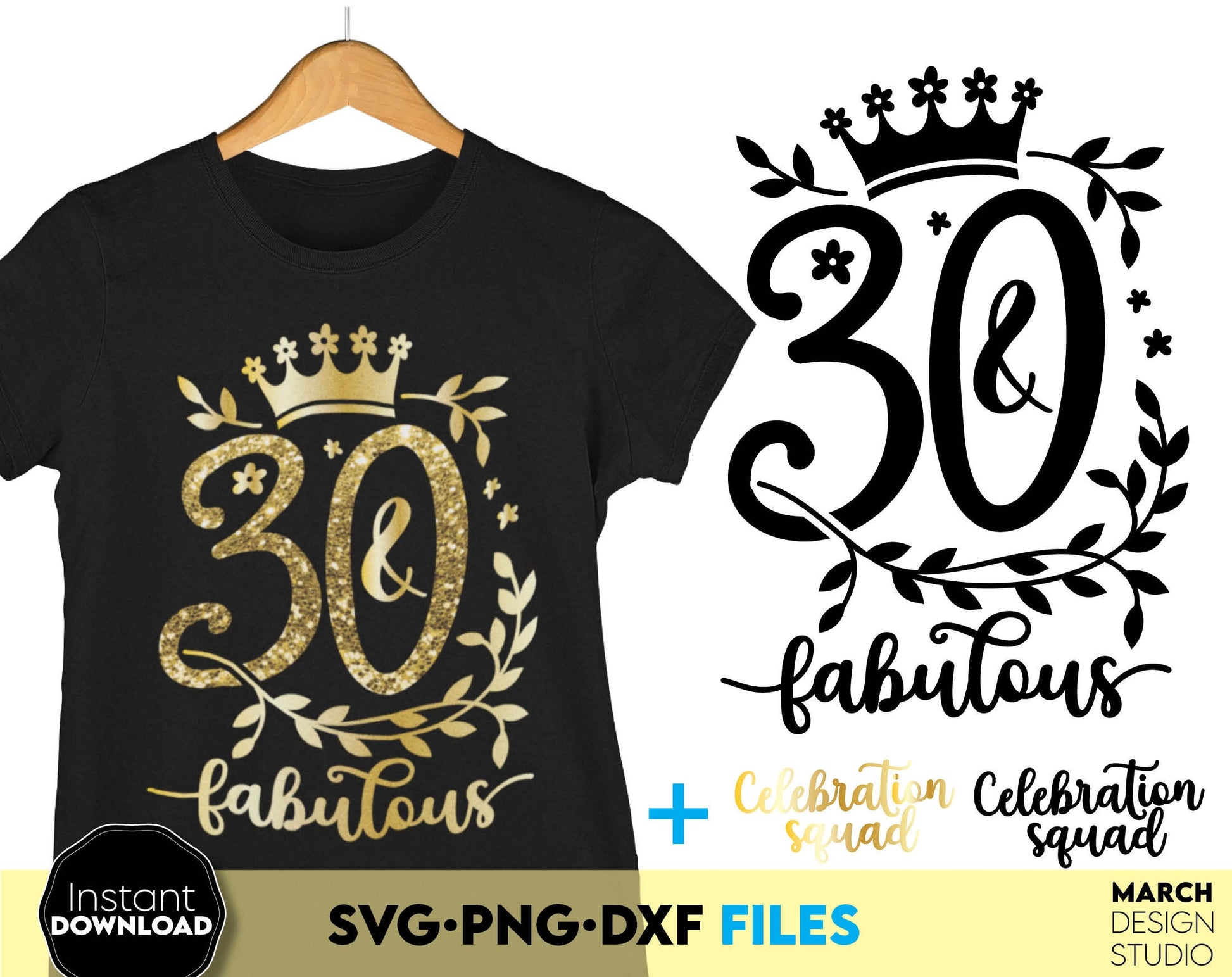 30 and fabulous Birthday shirt design for cutting from vinyl and glittered PNG included for Your sublimation projects. SVG, PNG, EPS, DXF files included. Compatible with Cricut, Silhouette and other machines. Buy now for a good price and enjoy!