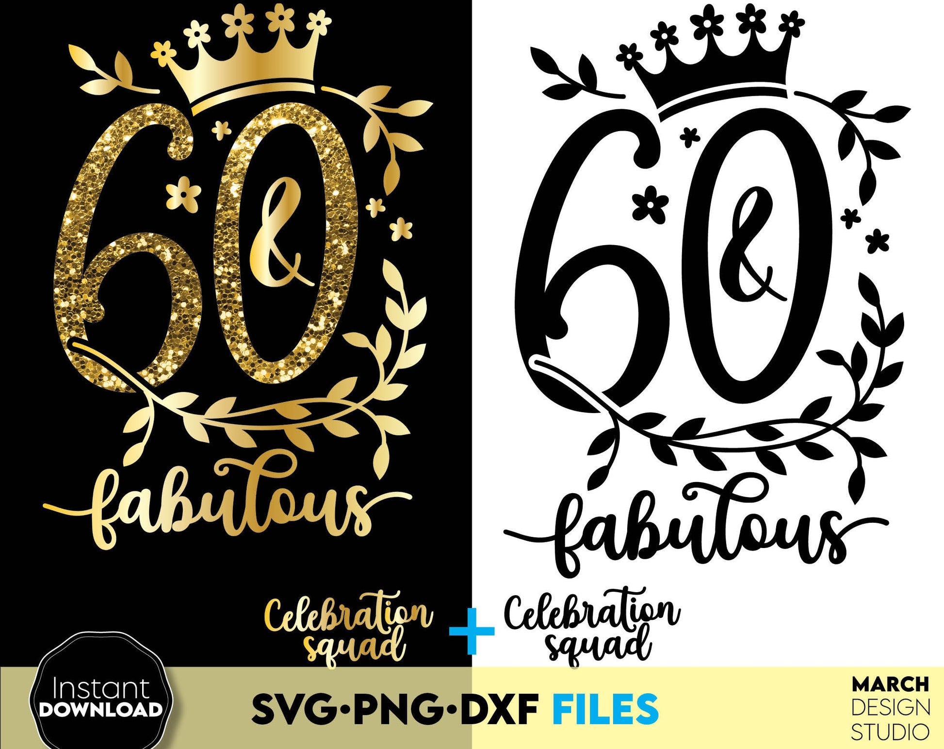 60 and fabulous Birthday shirt design for cutting from vinyl and glittered PNG included for Your sublimation projects. SVG, PNG, EPS, DXF files included. Compatible with Cricut, Silhouette and other machines. Buy now for a good price and enjoy!