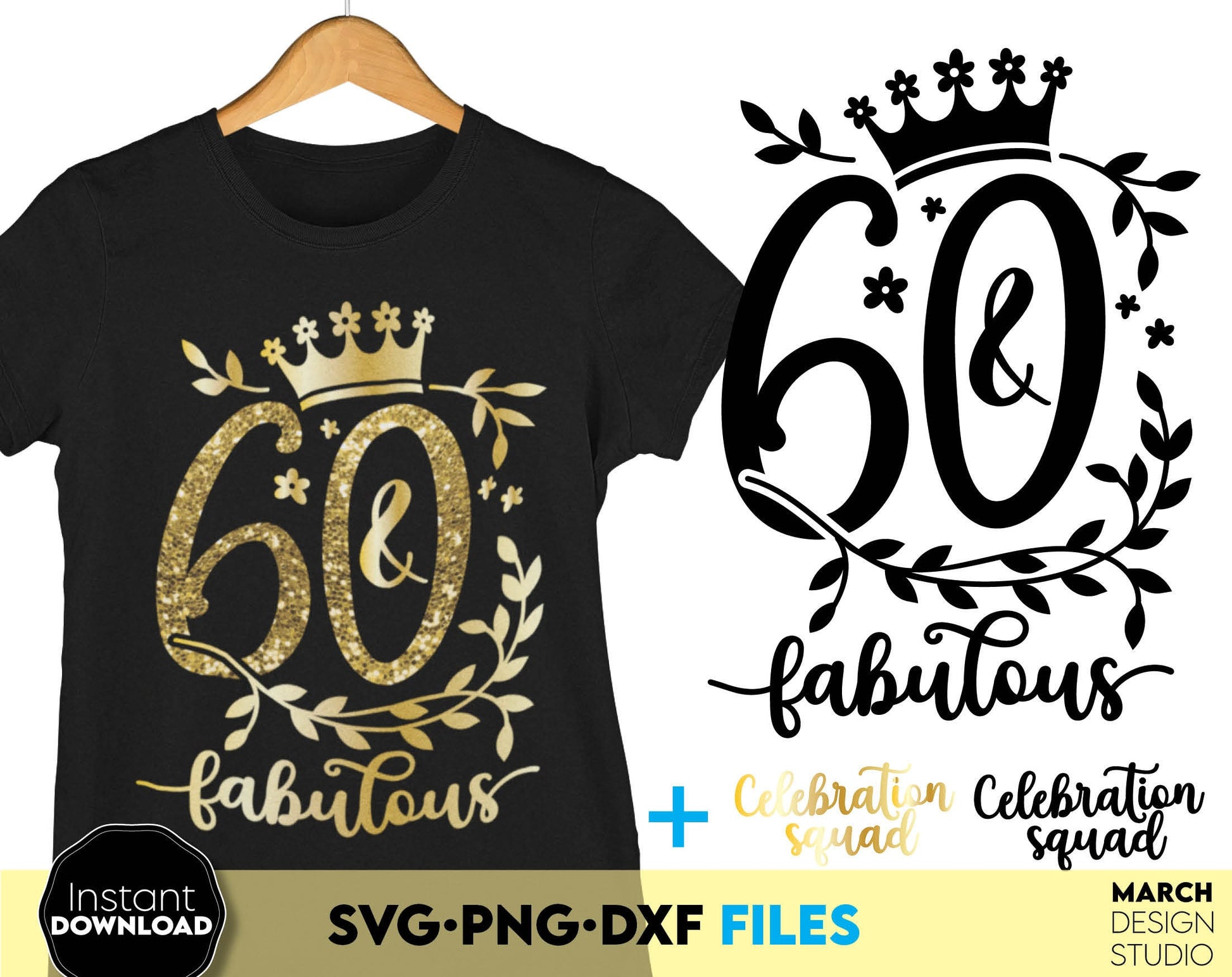 60 and fabulous Birthday shirt design for cutting from vinyl and glittered PNG included for Your sublimation projects. SVG, PNG, EPS, DXF files included. Compatible with Cricut, Silhouette and other machines. Buy now for a good price and enjoy!