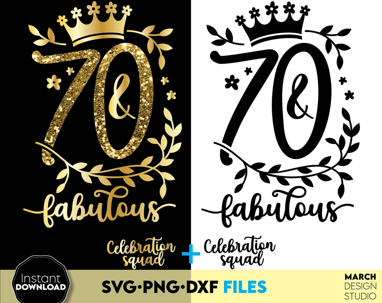 70 and fabulous Birthday shirt design for cutting from vinyl and glittered PNG included for Your sublimation projects. SVG, PNG, EPS, DXF files included. Compatible with Cricut, Silhouette and other machines. Buy now for a good price and enjoy!