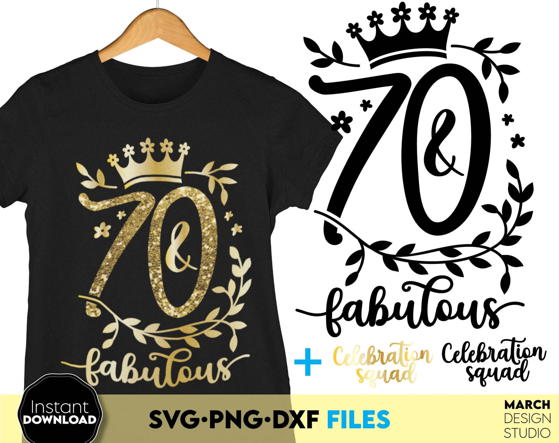 70 and fabulous Birthday shirt design for cutting from vinyl and glittered PNG included for Your sublimation projects. SVG, PNG, EPS, DXF files included. Compatible with Cricut, Silhouette and other machines. Buy now for a good price and enjoy!