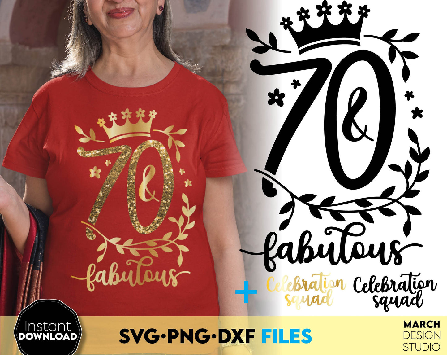 70 and fabulous Birthday shirt design for cutting from vinyl and glittered PNG included for Your sublimation projects. SVG, PNG, EPS, DXF files included. Compatible with Cricut, Silhouette and other machines. Buy now for a good price and enjoy!