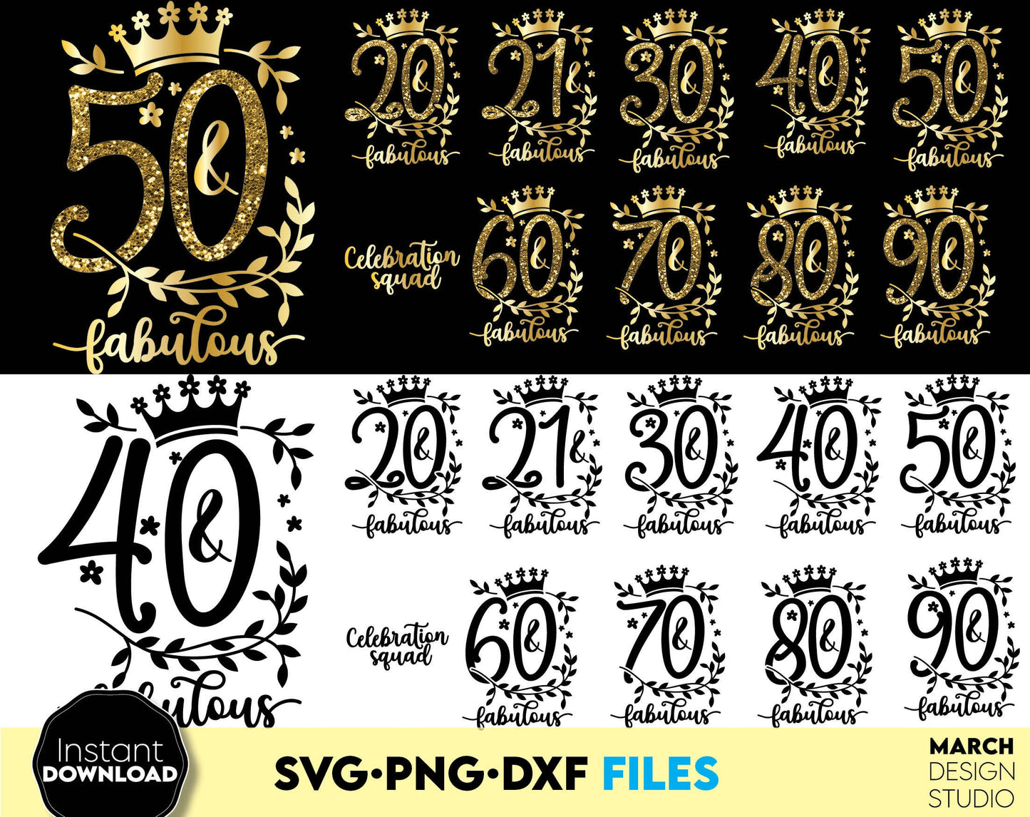 Birthday bundle - and fabulous for 50th and other anniversary birthdays. Svg files allow use design for cutting from vinyl. Gold glittered png for amazing sublimation projects. Use dxf for laser cut as well. Buy now for a good price and enjoy!