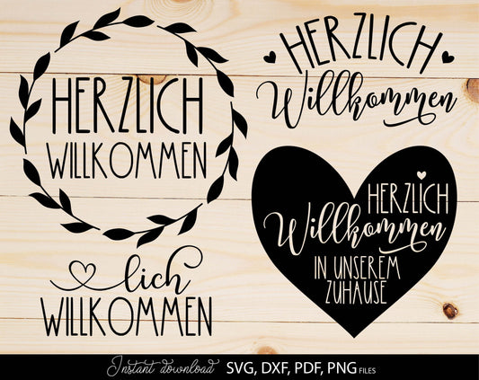 German Willkommen Plotter File Svg Bundle. SVG DXF PDF PNG files included. Compatible with Cricut, Silhouette or other equipment. Cut from vinyl, use for sublimation or laser cut or grave projects as well. Buy now for a good price and enjoy!