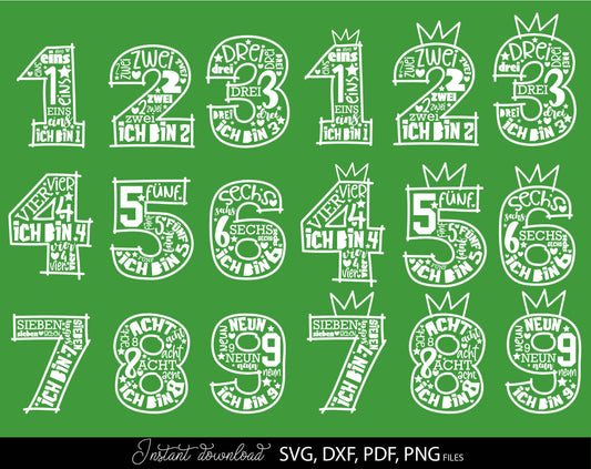 German Kids Gebutertstag Birthday numbers plotter file bundle. Compatible with Cricut, Silhouette or other equipment. Cut from vinyl, use for sublimation or laser cut projects. Buy now for a good price and enjoy!