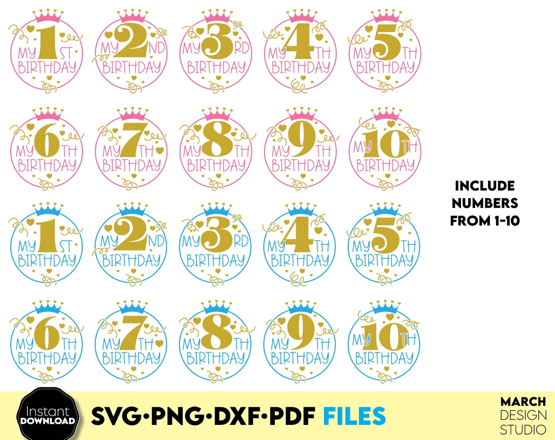 Kids Birthday numbers 1 - 10 for Your Boys and Girls Birthday shirts. SVG, PNG, DXF, PDF files included. Cut from vinyl, use for sublimation or laser cut / grave projects. Compatible with Cricut, Silhouette or other equipment. Buy now and enjoy!