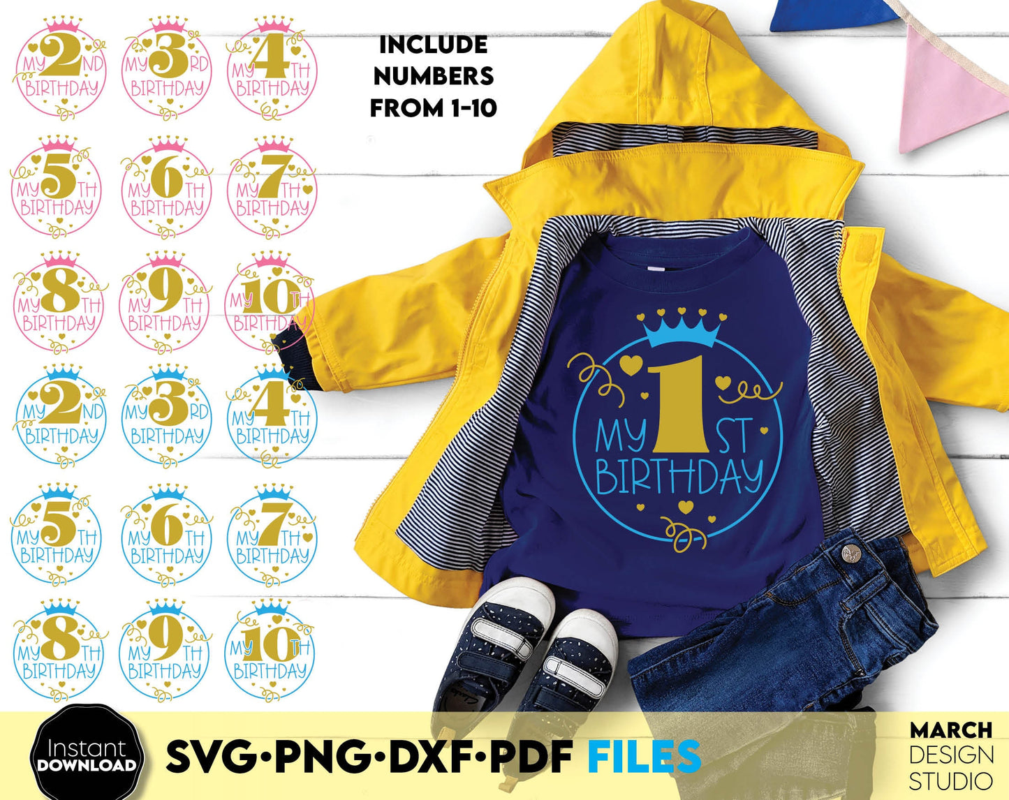 Kids Birthday numbers 1 - 10 for Your Boys and Girls Birthday shirts. SVG, PNG, DXF, PDF files included. Cut from vinyl, use for sublimation or laser cut / grave projects. Compatible with Cricut, Silhouette or other equipment. Buy now and enjoy!