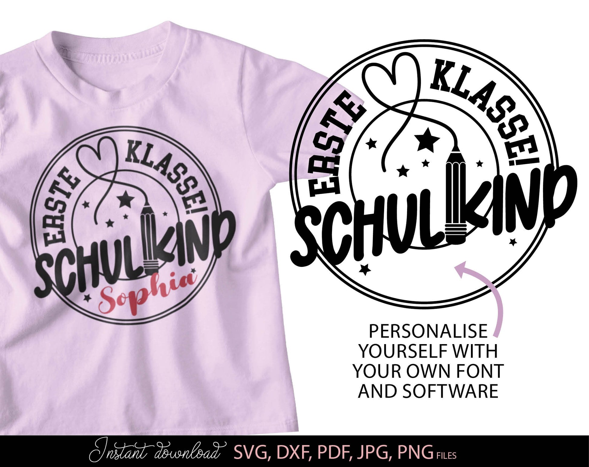 German Schulkind Plotterdatei bundle. SVG DXF PDF JPG PNG files included. Compatible With Cricut, Silhouette Studio, sublimation printers or other equipment. Cut from vinyl, use for sublimation or laser cut or grave projects. Buy now and enjoy!