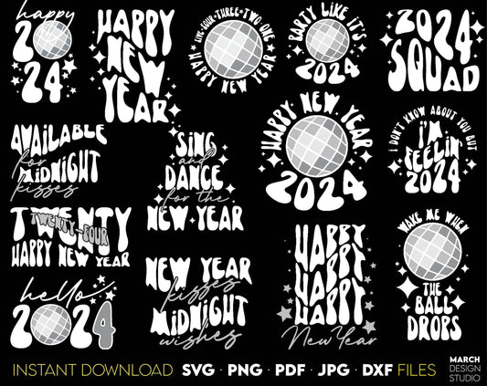 Happy New Year 2024 shirts bundle. New Years shirts for Your family, friends or gift ideas. SVG PNG PDF JPG DXF files included. Compatible with Cricut, Silhouette or other equipment. Cut from vinyl, use for sublimation or laser cut projects. Buy now!