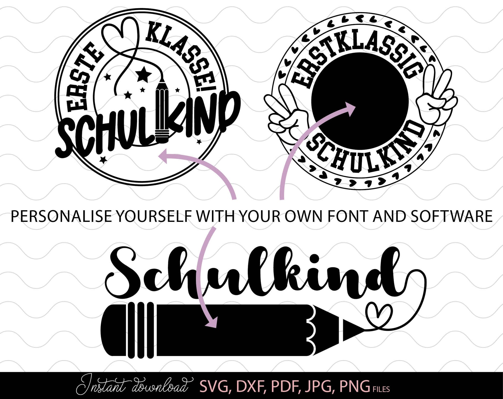 German Schulkind Plotterdatei bundle. SVG DXF PDF JPG PNG files included. Compatible With Cricut, Silhouette Studio, sublimation printers or other equipment. Cut from vinyl, use for sublimation or laser cut or grave projects. Buy now and enjoy!