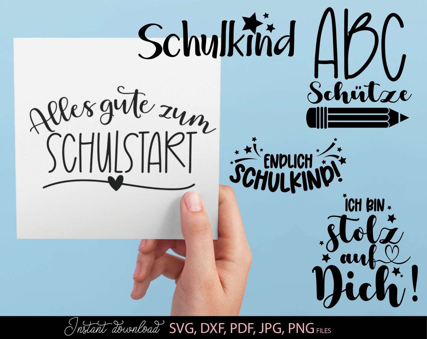 German Schulkind Plotterdatei bundle. SVG DXF PDF JPG PNG files included. Compatible With Cricut, Silhouette Studio, sublimation printers or other equipment. Cut from vinyl, use for sublimation or laser cut or grave projects. Buy now and enjoy!