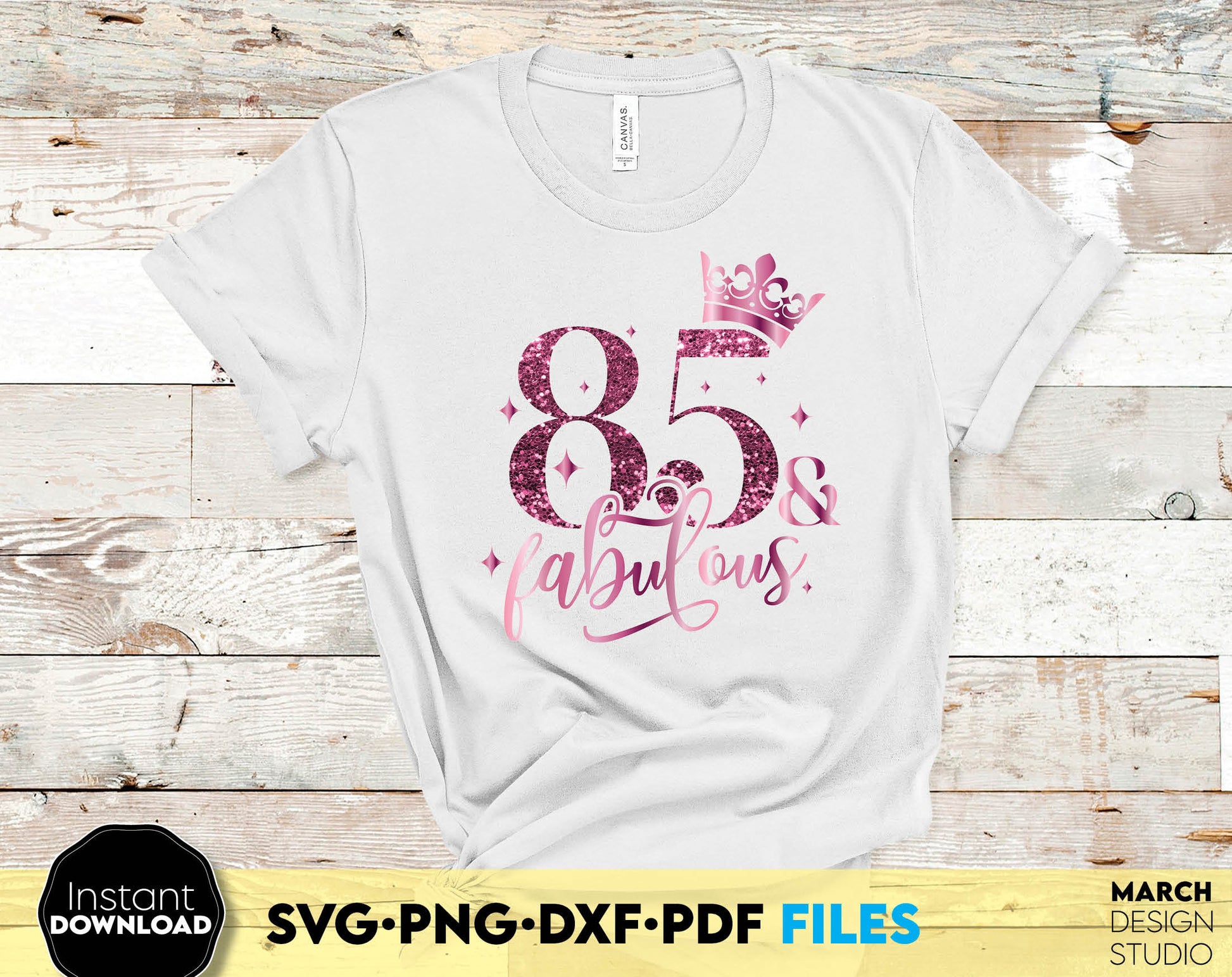 Birthday shirt, mug or other gift idea. 85 and fabulous. Svg files allow use design for cutting from vinyl. Glittered png for amazing sublimation projects. Use dxf for laser cut as well. Buy now for a good price and enjoy!