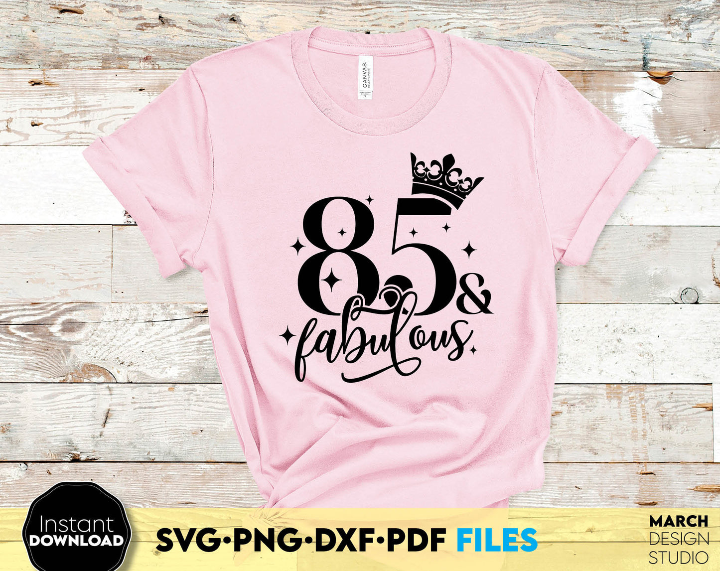 Birthday shirt, mug or other gift idea. 85 and fabulous. Svg files allow use design for cutting from vinyl. Glittered png for amazing sublimation projects. Use dxf for laser cut as well. Buy now for a good price and enjoy!