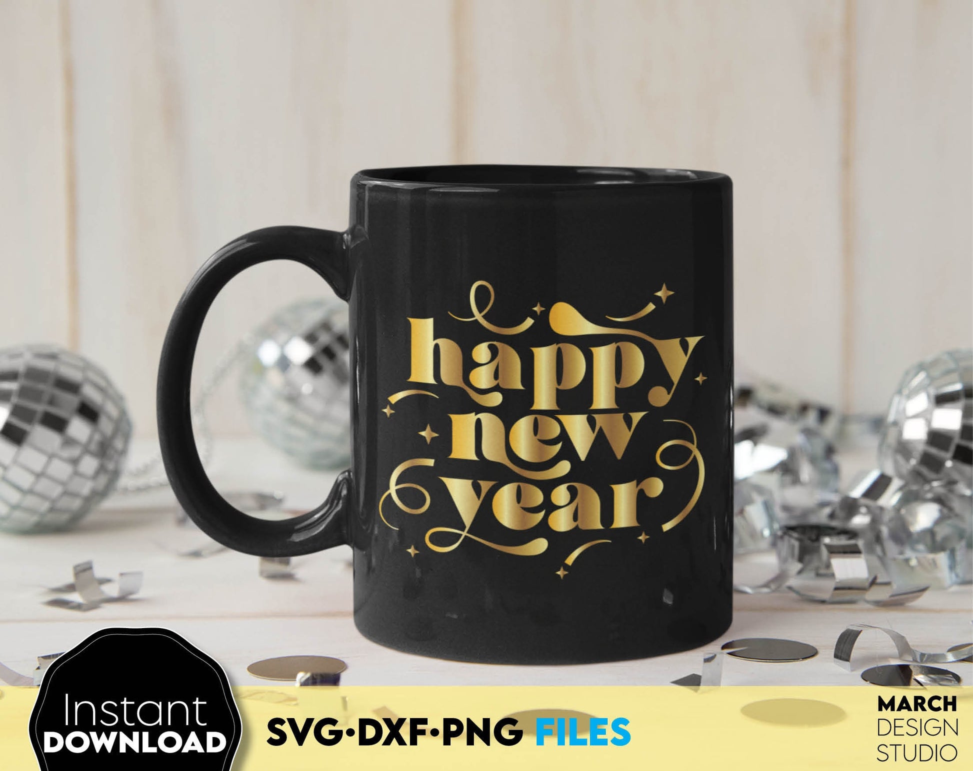 Happy New Year 2025 design for shirts, tumblers and other New Years gifts ideas. SVG DXF PNG files included. Cut from vinyl, use for sublimation or laser cut / grave projects. Compatible with Cricut, Silhouette or other equipment. Buy now and enjoy!