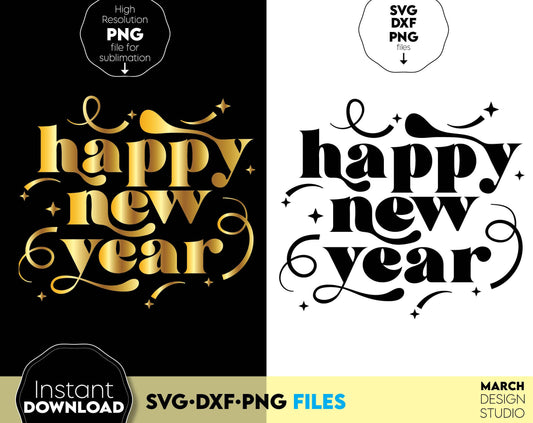 Happy New Year 2025 design for shirts, tumblers and other New Years gifts ideas. SVG DXF PNG files included. Cut from vinyl, use for sublimation or laser cut / grave projects. Compatible with Cricut, Silhouette or other equipment. Buy now and enjoy!