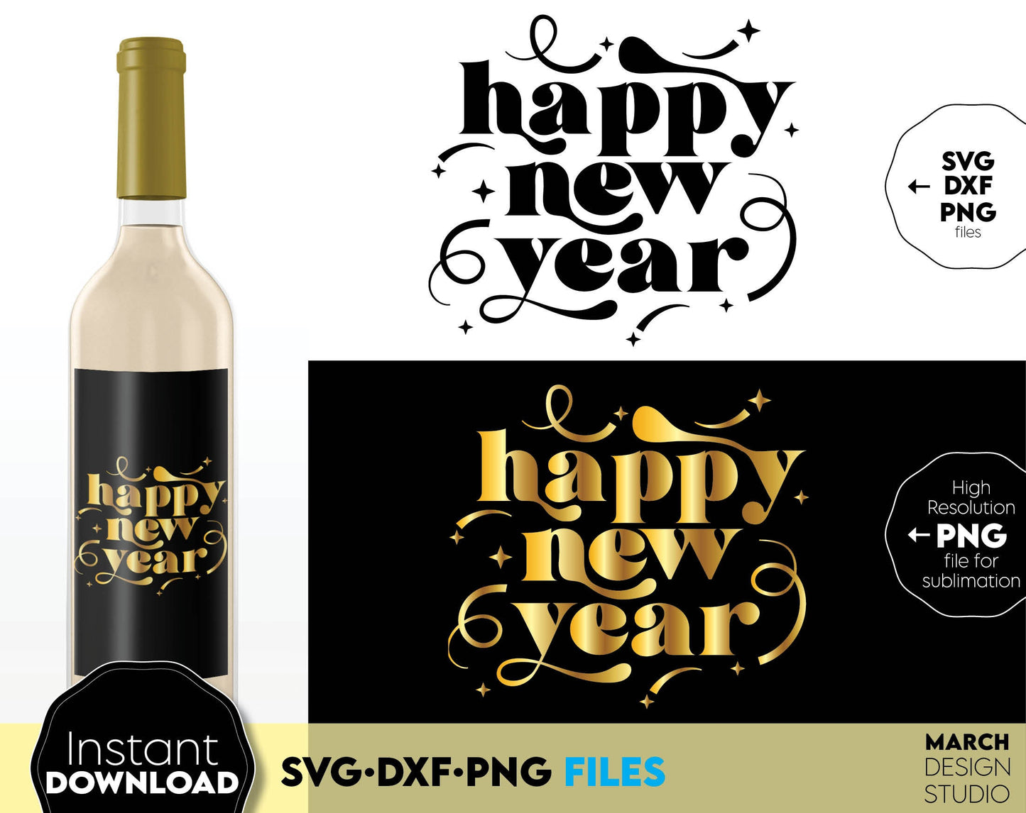 Happy New Year 2025 design for shirts, tumblers and other New Years gifts ideas. SVG DXF PNG files included. Cut from vinyl, use for sublimation or laser cut / grave projects. Compatible with Cricut, Silhouette or other equipment. Buy now and enjoy!