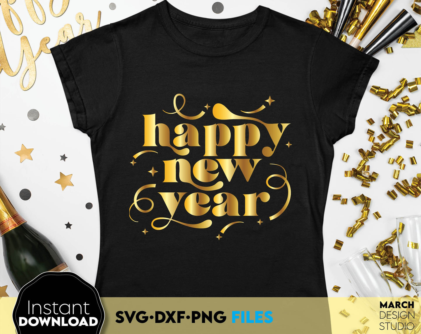 Happy New Year 2025 design for shirts, tumblers and other New Years gifts ideas. SVG DXF PNG files included. Cut from vinyl, use for sublimation or laser cut / grave projects. Compatible with Cricut, Silhouette or other equipment. Buy now and enjoy!