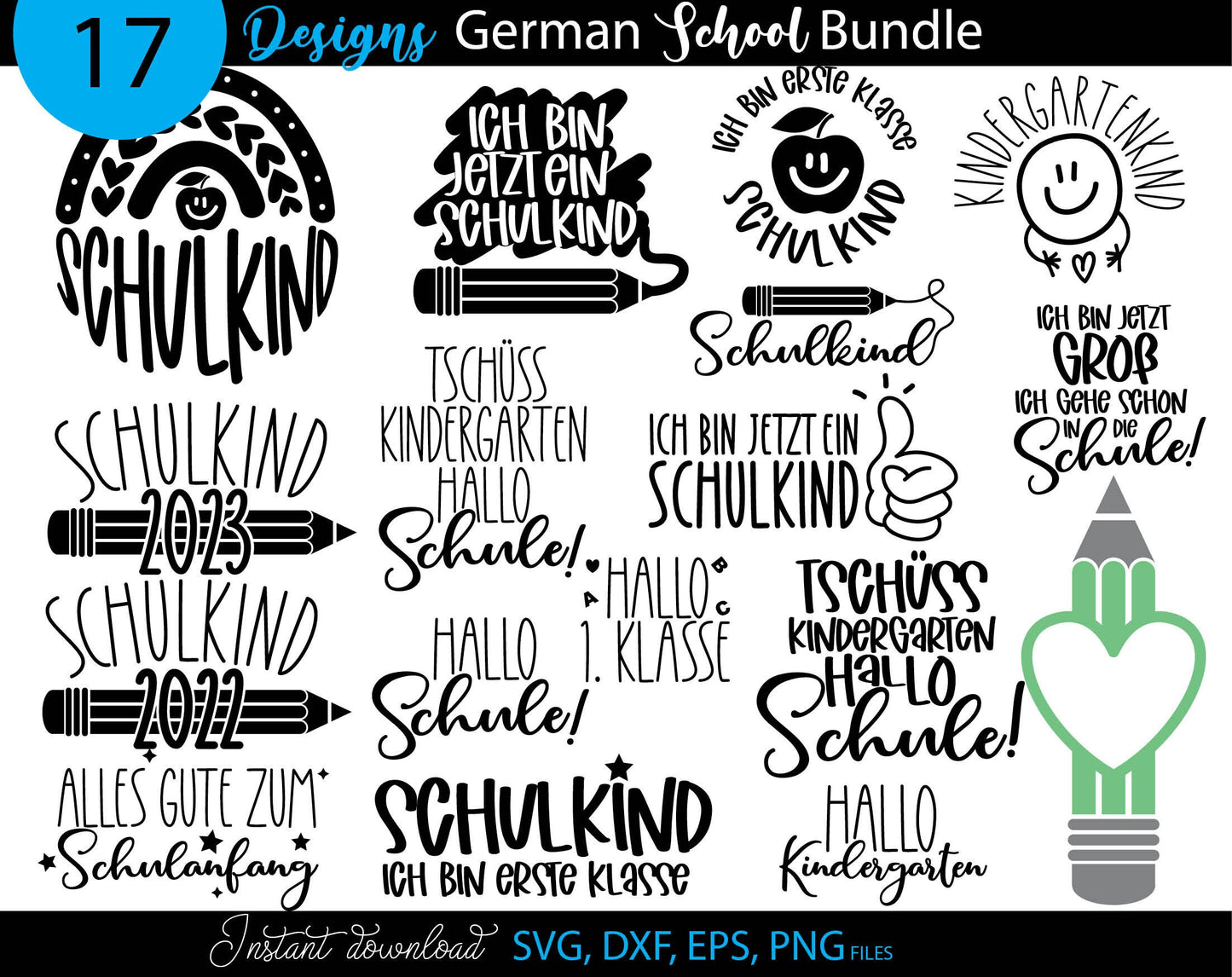 German Schulkind Plotter Files Bundle. Great design for shirts, cups, etc. for teachers and students. SVG, DXF, EPS, PNG included and compatible with cutting, engraving and laser cutting machines. Buy now for a good price and enjoy!