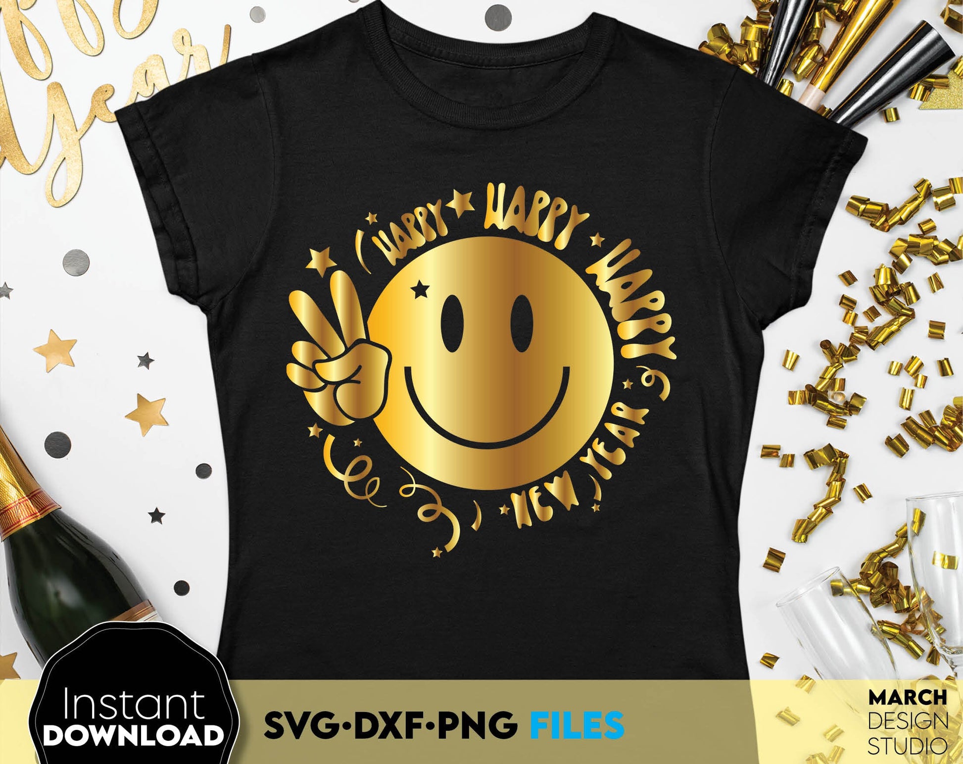 Happy New Year 2024 design for shirts, tumblers and other New Years gifts ideas. SVG DXF PNG files included. Cut from vinyl, use for sublimation or laser cut / grave projects. Compatible with Cricut, Silhouette or other equipment. Buy now and enjoy!