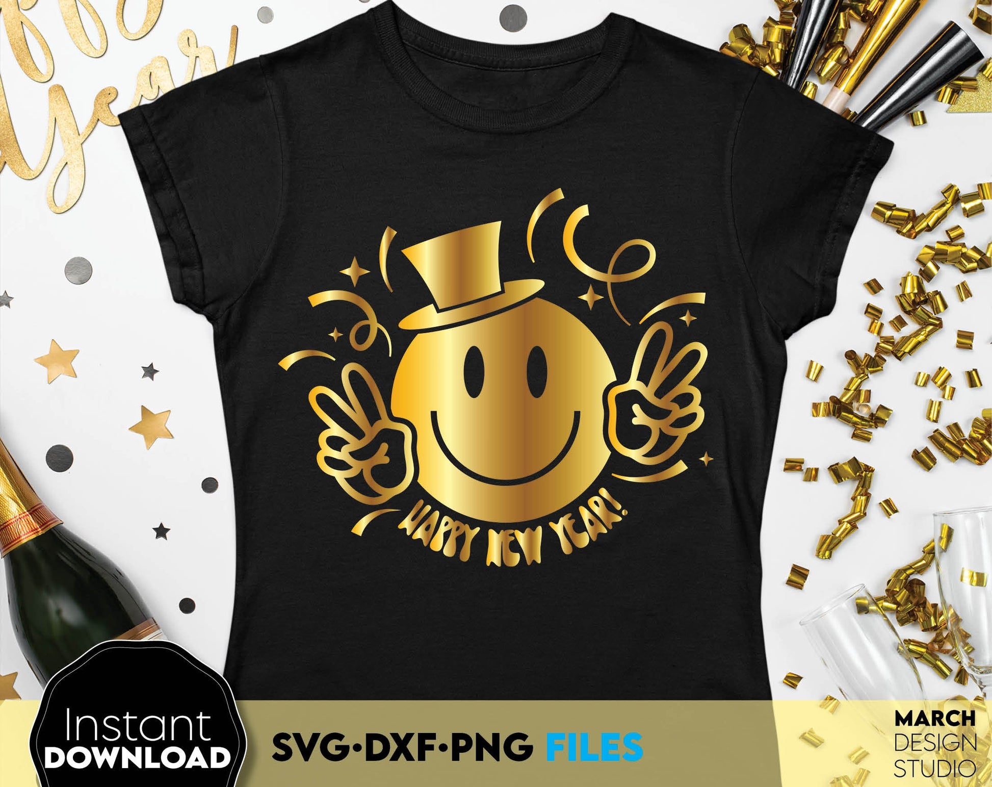 Happy New Year design for shirts, tumblers and other New Years gifts ideas. SVG DXF PNG files included. Cut from vinyl, use for sublimation or laser cut / grave projects. Compatible with Cricut, Silhouette or other equipment. Buy now for a good price