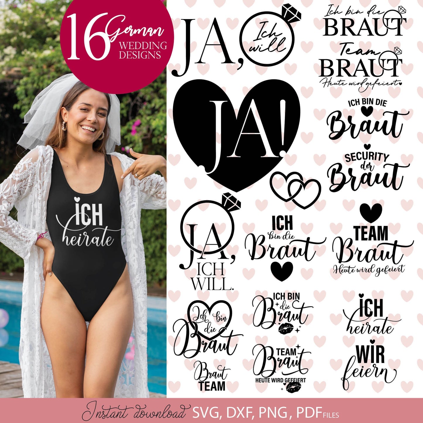 16 German Braut Wedding Signs and Quotes Plotter Files Bundle. SVG DXF PNG PDF files included. Compatible with Cricut, Silhouette or other equipment. Cut from vinyl, use for sublimation or laser cut or grave projects as well. Buy now for a good price