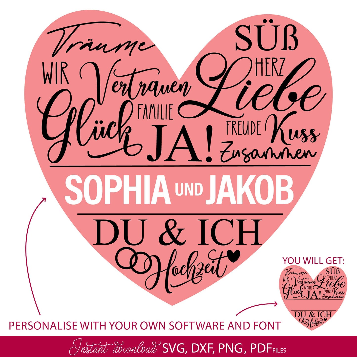 German wedding split heart Plotter File SVG PNG DXF, PDF files included. Compatible with Cricut, Silhouette and others machines. Cut from vinyl, use for sublimation or laser cut projects as well. Buy now for a good - discount price and enjoy!