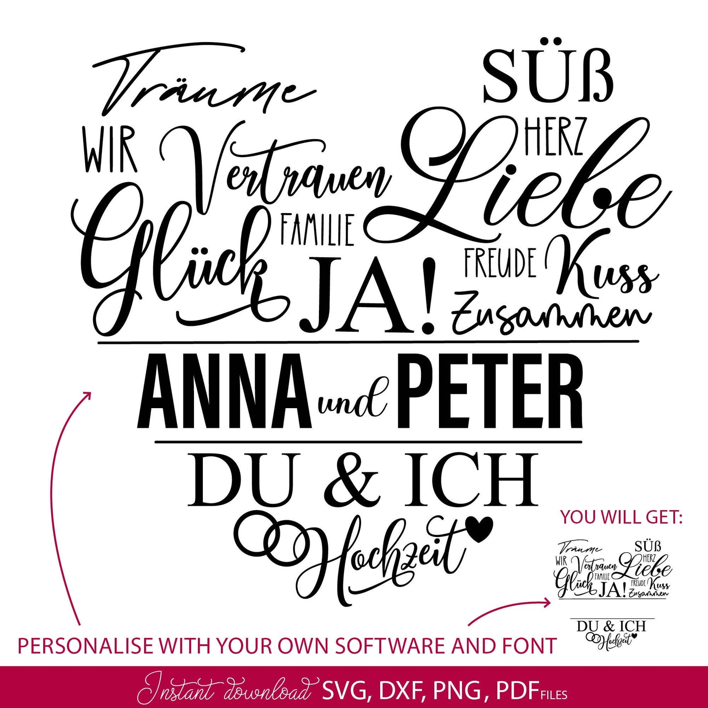 German wedding split heart Plotter File SVG PNG DXF, PDF files included. Compatible with Cricut, Silhouette and others machines. Cut from vinyl, use for sublimation or laser cut projects as well. Buy now for a good - discount price and enjoy!