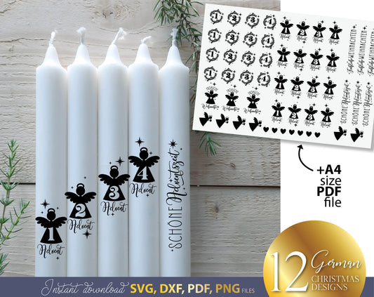 Bundle German Words Christmas SVG Plotter File Candle Texts Christmas Candle Design. Use with water slide paper. With Cricut, Silhouette or Glowforge as well. 22 German Christmas sayings included. SVG, DXF, EPS and PNG files included. Buy and enjoy!