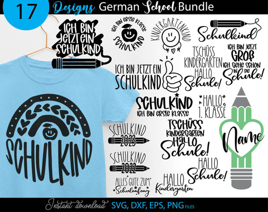 German Schulkind Plotter Files Bundle. Great design for shirts, cups, etc. for teachers and students. SVG, DXF, EPS, PNG included and compatible with cutting, engraving and laser cutting machines. Buy now for a good price and enjoy!