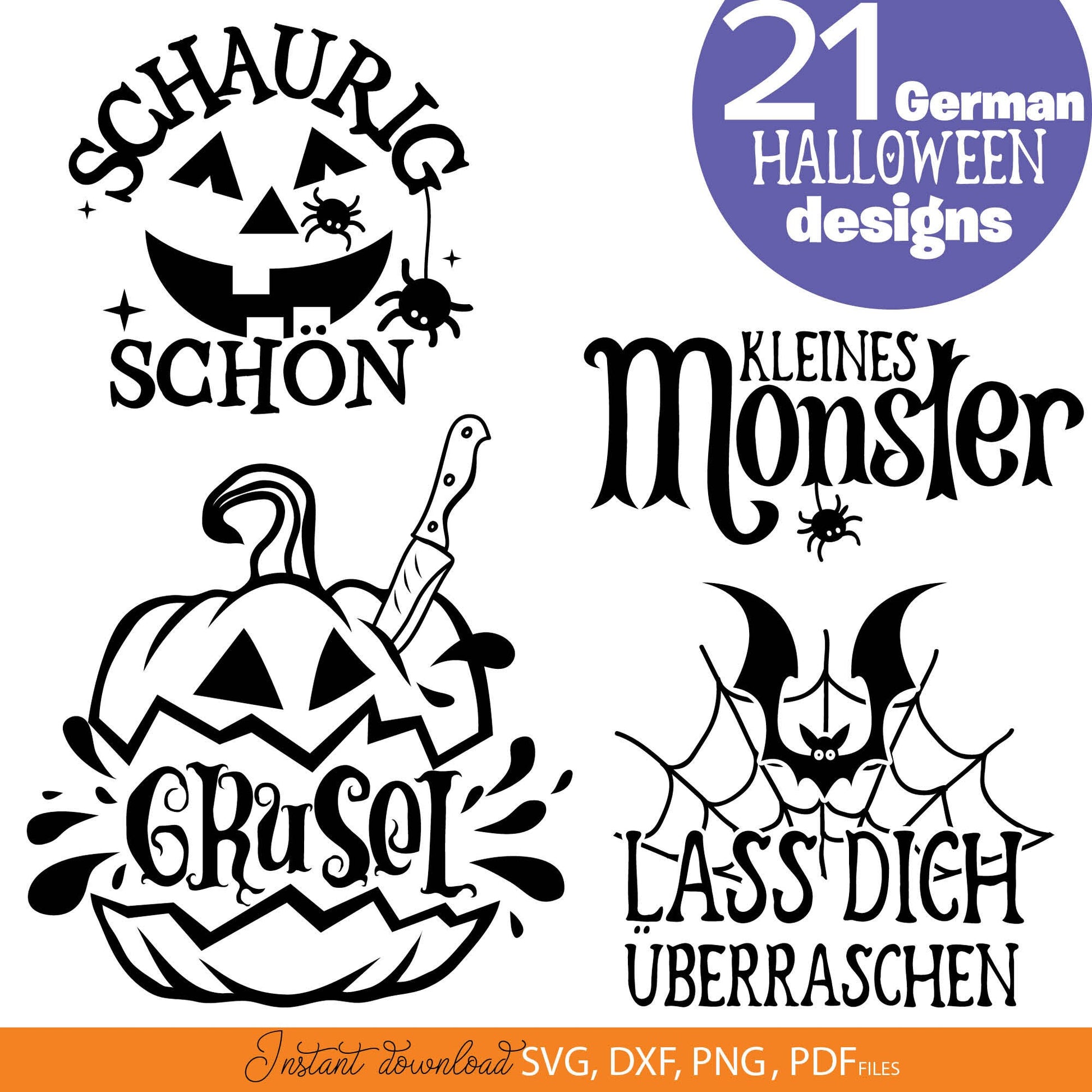 German Halloween quotes plotter files bundle. Use for cutting from vinyl, for sublimation or laser cut projects. SVG, DXF, PNG and PDF files included. Compatible with Cricut, Silhouette or other equipment! Buy now for a good price and enjoy!