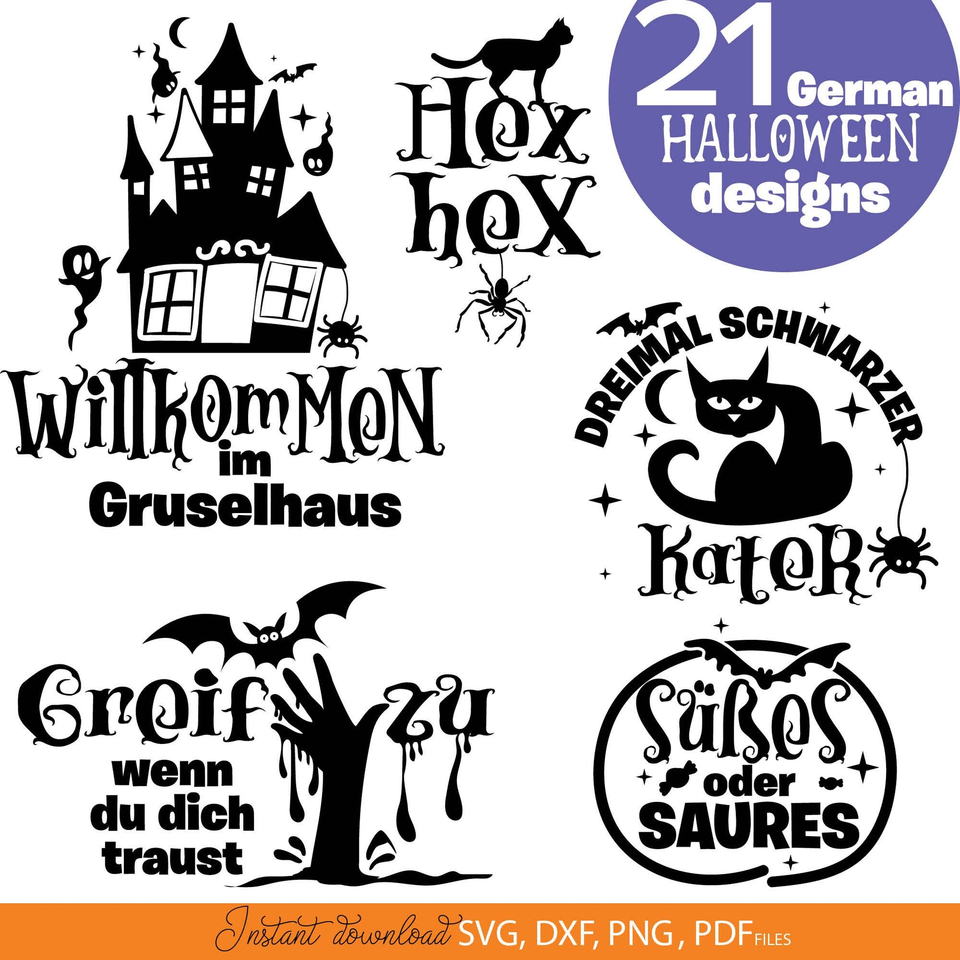 German Halloween quotes plotter files bundle. Use for cutting from vinyl, for sublimation or laser cut projects. SVG, DXF, PNG and PDF files included. Compatible with Cricut, Silhouette or other equipment! Buy now for a good price and enjoy!