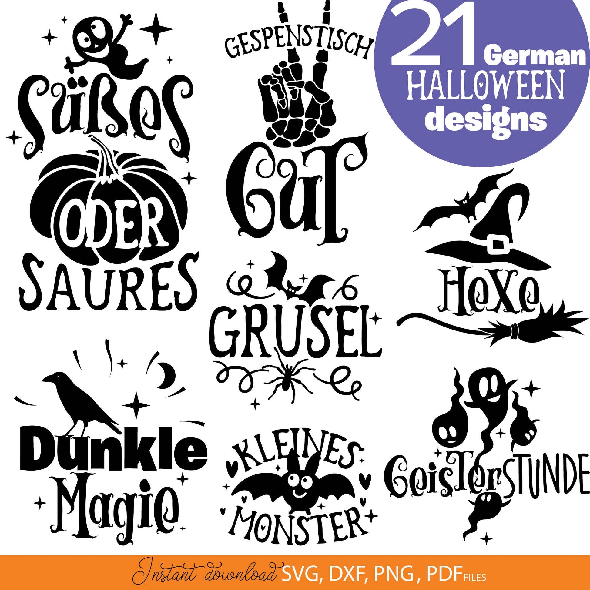 German Halloween quotes plotter files bundle. Use for cutting from vinyl, for sublimation or laser cut projects. SVG, DXF, PNG and PDF files included. Compatible with Cricut, Silhouette or other equipment! Buy now for a good price and enjoy!