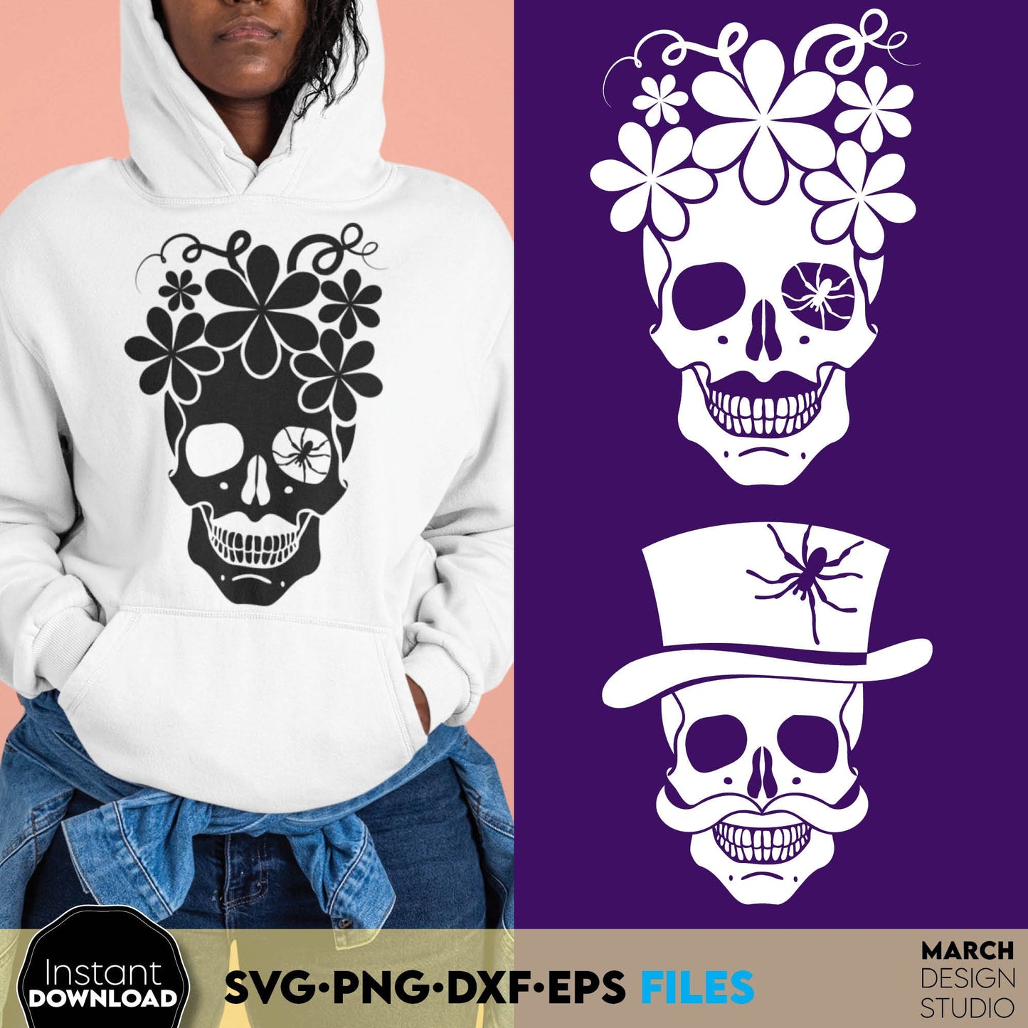 Popular Halloween design with floral man and woman skull. SVG PNG DXF EPS files included. Compatible with Cricut, Silhouette or other equipment. Use for cutting from vinyl, use for sublimation or laser cut projects. Buy now for a good price and fun!