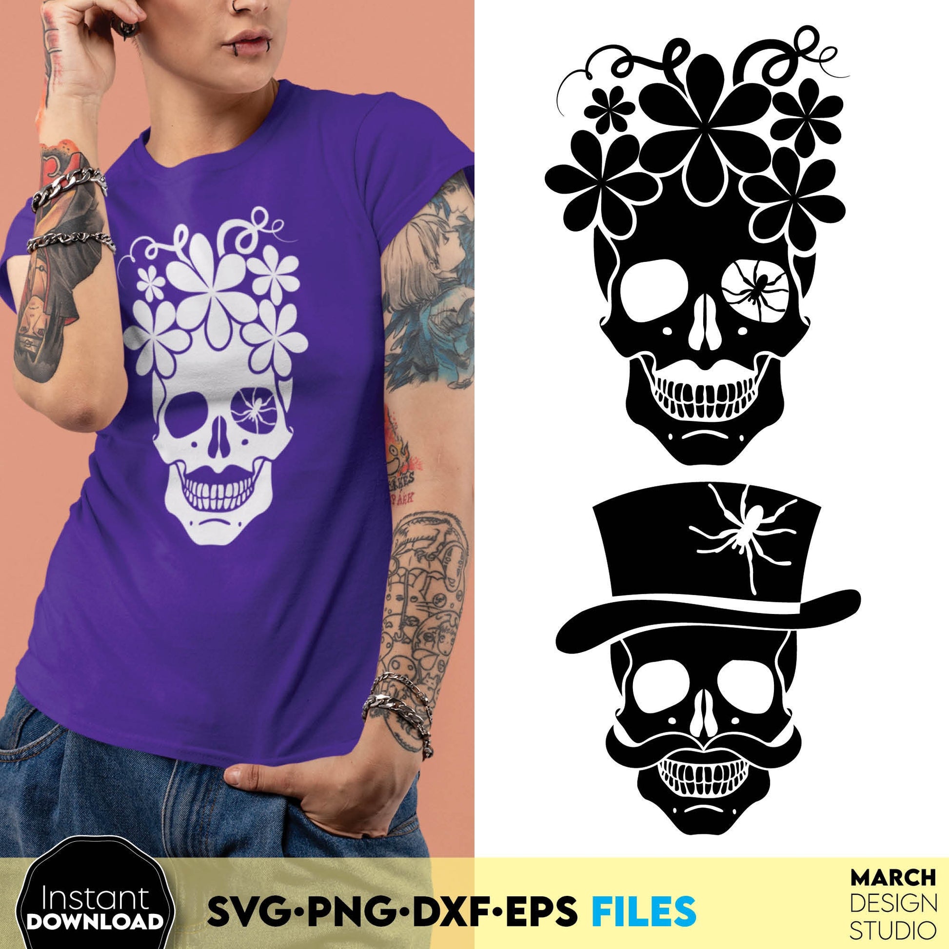 Popular Halloween design with floral man and woman skull. SVG PNG DXF EPS files included. Compatible with Cricut, Silhouette or other equipment. Use for cutting from vinyl, use for sublimation or laser cut projects. Buy now for a good price and fun!