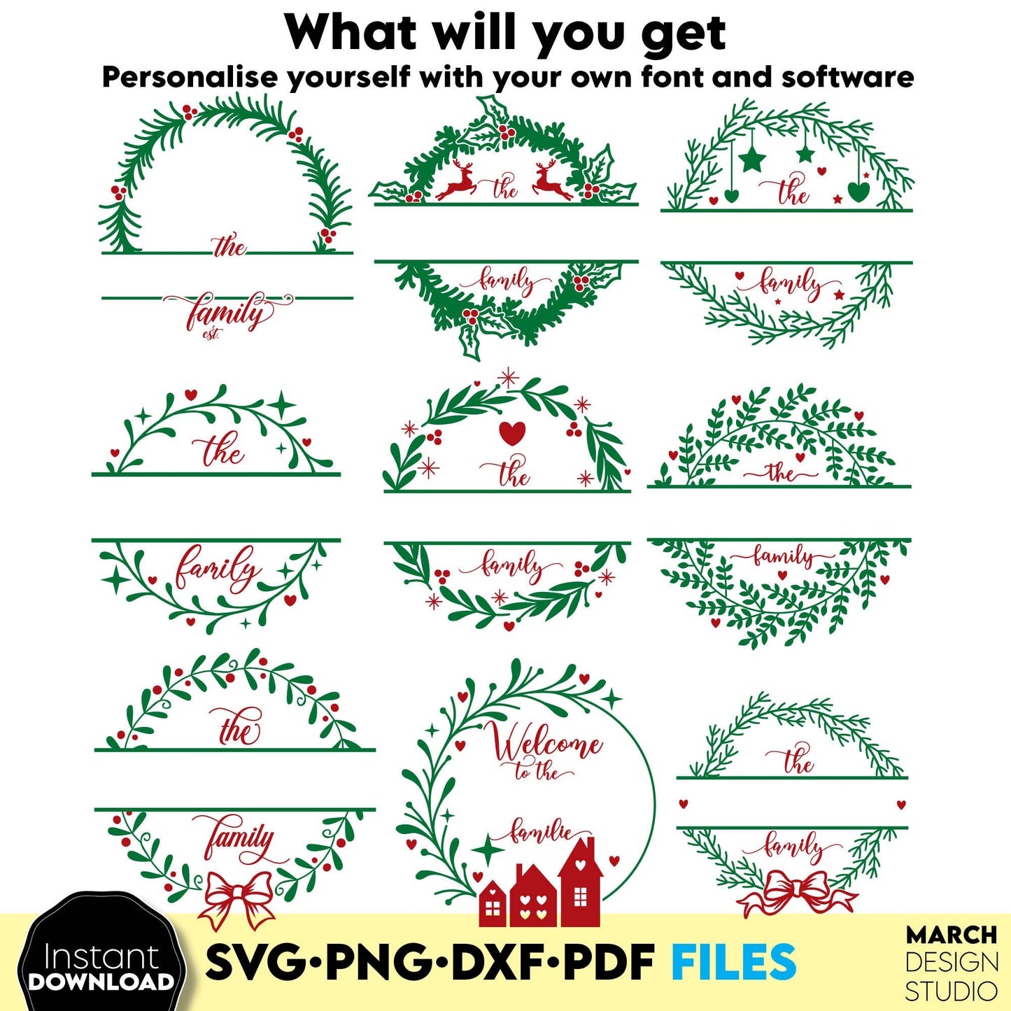 This Christmas monogram frame bundle you can use for Christmas gifts or home decoration ornaments. SVG, DXF, EPS, PNG files included. Use for cutting from vinyl, sublimation or laser cut projects. Compatible with Cricut, Silhouette or other. Buy now!