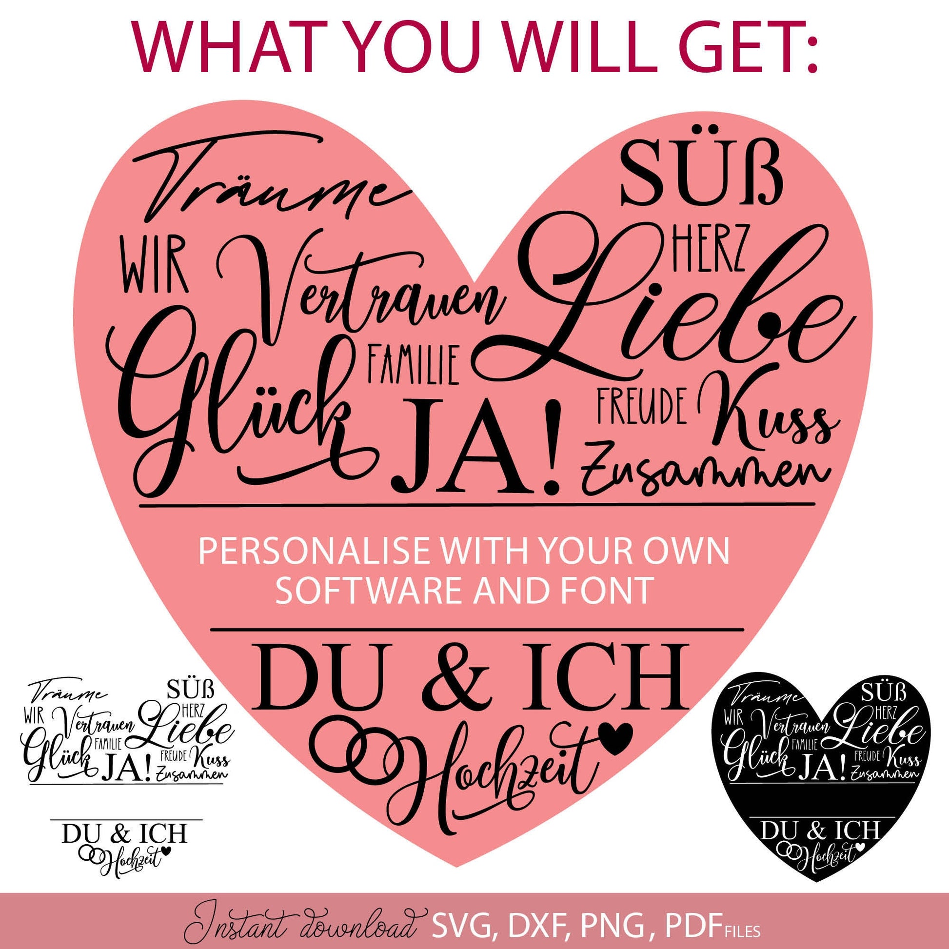 German wedding split heart Plotter File SVG PNG DXF, PDF files included. Compatible with Cricut, Silhouette and others machines. Cut from vinyl, use for sublimation or laser cut projects as well. Buy now for a good - discount price and enjoy!