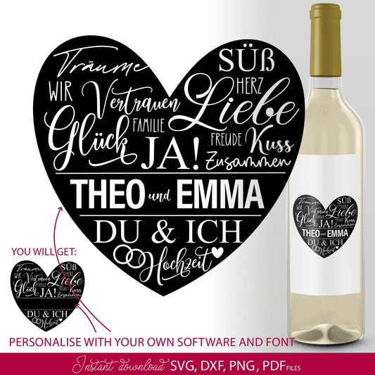 German Hochzeit Verliebt Verlobt Verheiratet Plotter file. SVG DXF PNG PDF files included. Compatible with Cricut, Silhouette or other equipment. Cut from vinyl, use for sublimation or laser cut or grave projects. Buy now for a good price and enjoy!