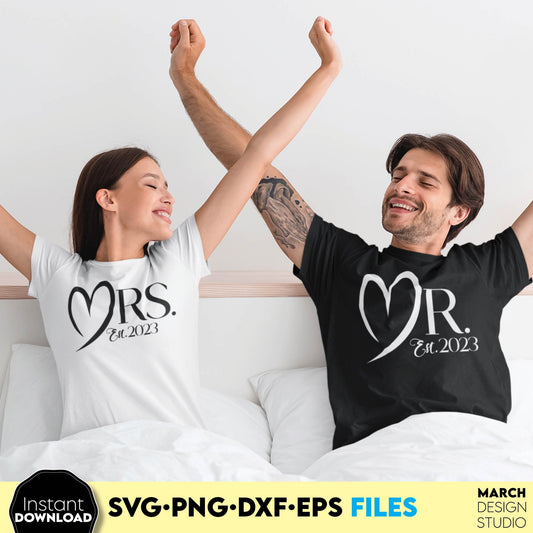 Mr and Mrs Wedding Sign for Your Honeymooning time shirt. SVG PNG EPS DXF files included. Compatible with Cricut, Silhouette or other equipment. Cut from vinyl, use for printing, sublimation or laser cut, grave. Buy now for a good price and enjoy!