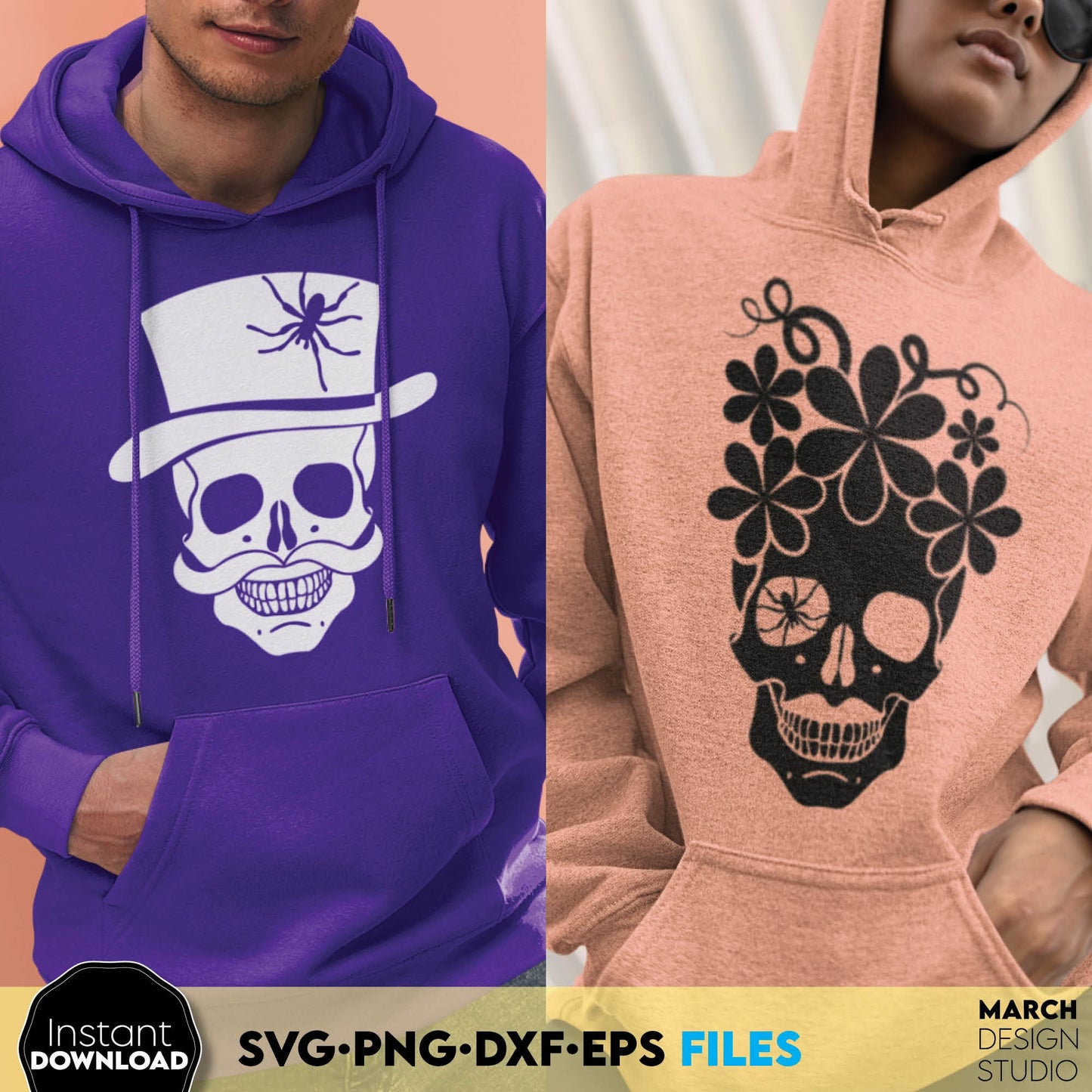 Popular Halloween design with floral man and woman skull. SVG PNG DXF EPS files included. Compatible with Cricut, Silhouette or other equipment. Use for cutting from vinyl, use for sublimation or laser cut projects. Buy now for a good price and fun!