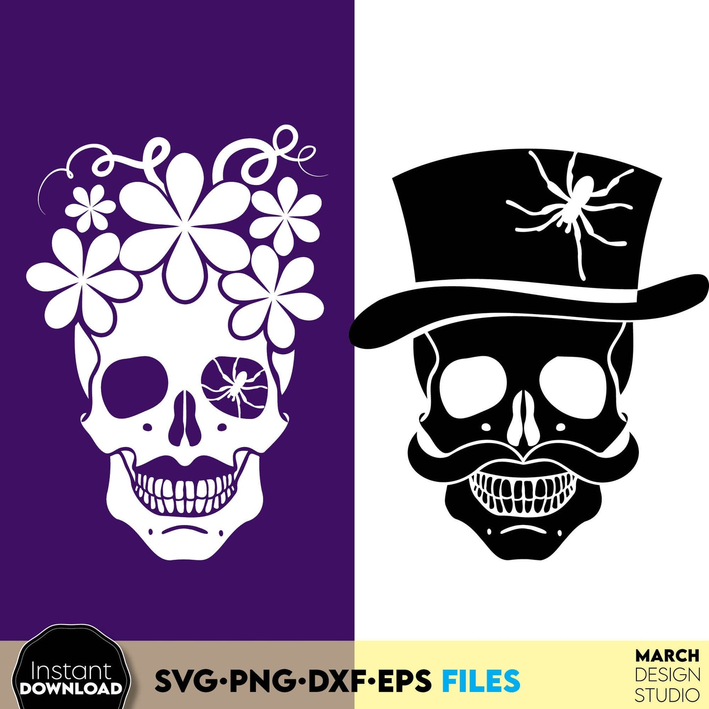 Popular Halloween design with floral man and woman skull. SVG PNG DXF EPS files included. Compatible with Cricut, Silhouette or other equipment. Use for cutting from vinyl, use for sublimation or laser cut projects. Buy now for a good price and fun!