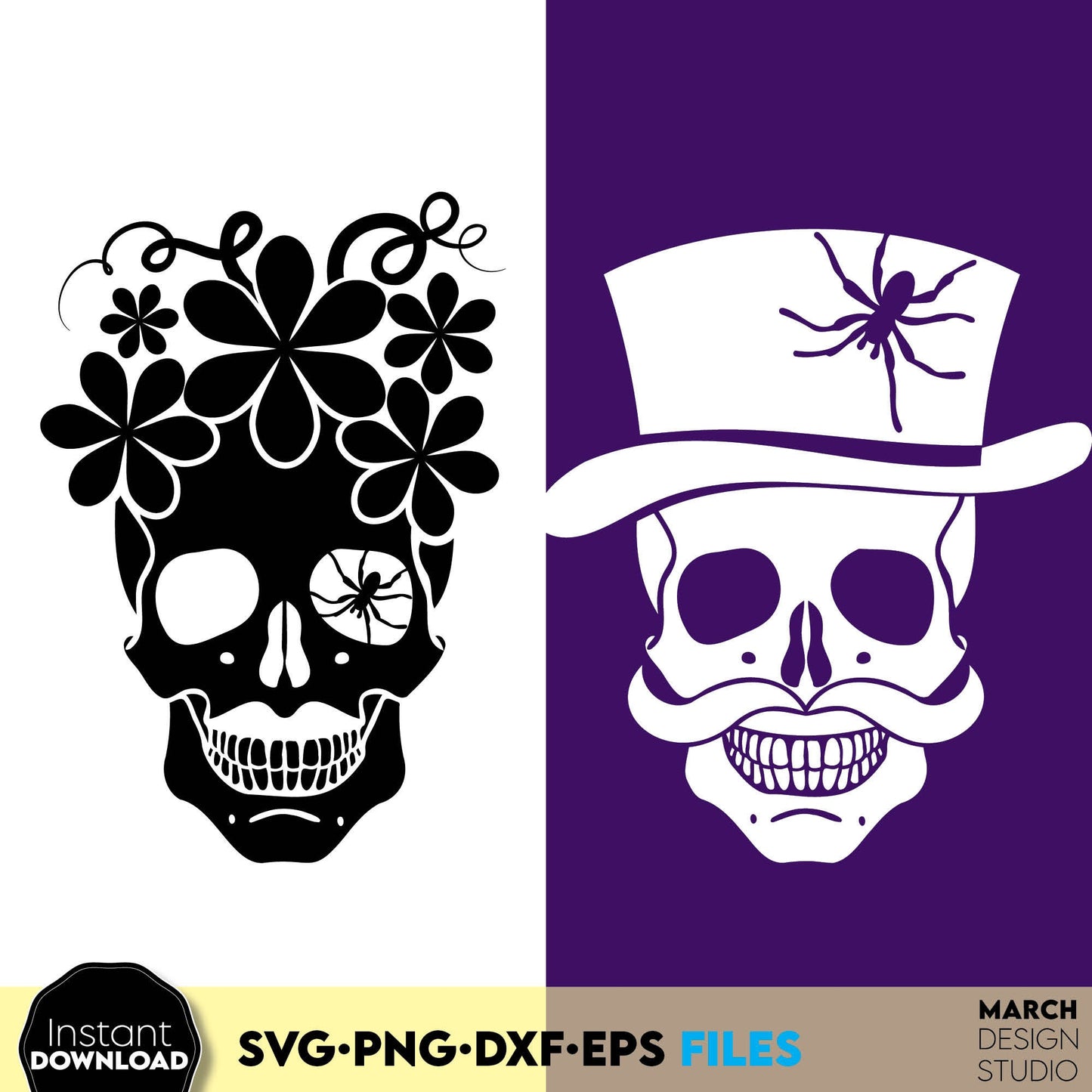 Floral skull and skull with hat for Your Halloween decoration projects. Halloween is celebrated in the United States on October 31. Cut from vinyl, use for sublimation or laser cut projects as well. Buy now for a good price and enjoy!