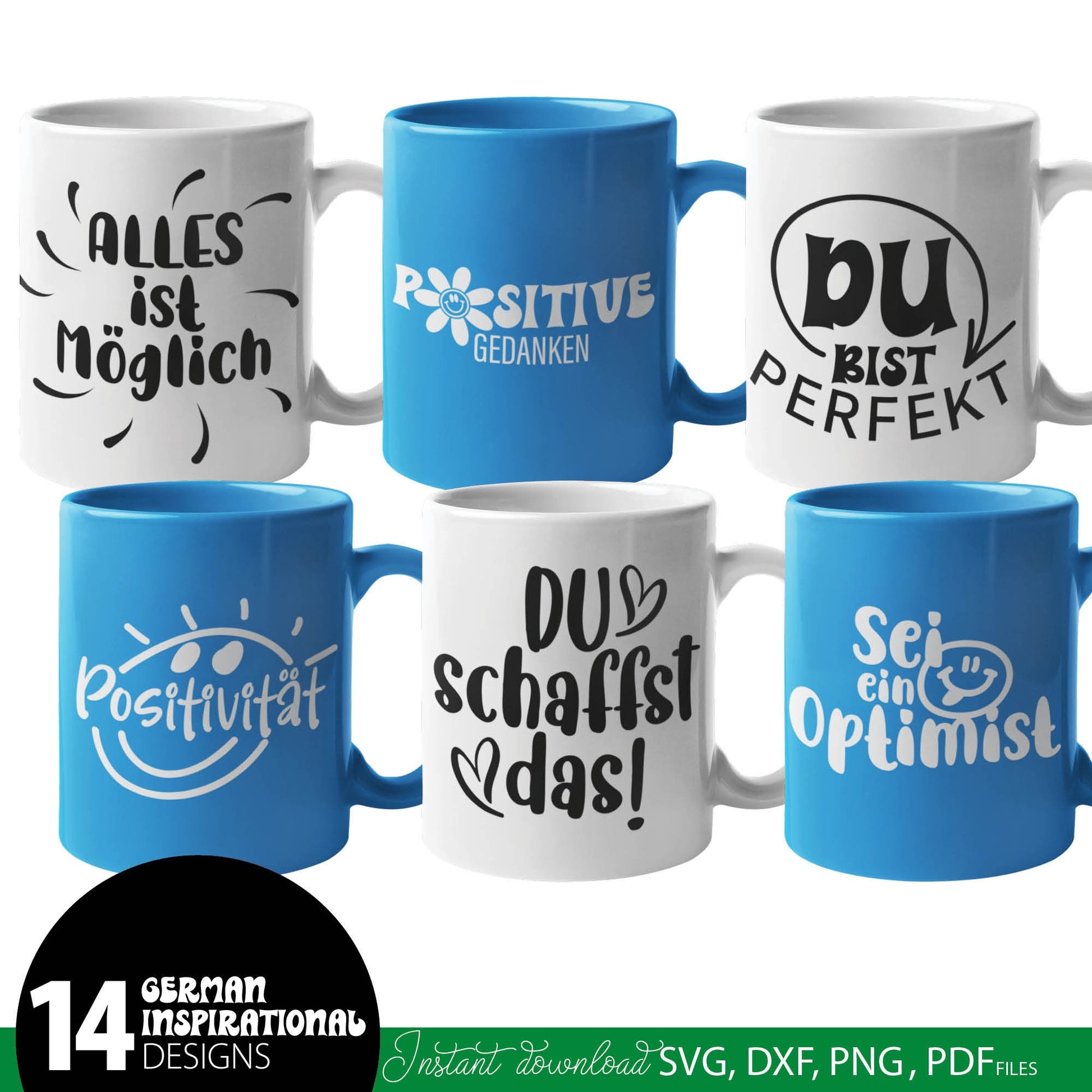 German positive, optimistic and motivational quotes Plotter Files.  Compatible with Cricut, Silhouette, Glowforge, other machines. Use for sublimation or laser cut projects as well. Buy now and enjoy! Discount prices available.