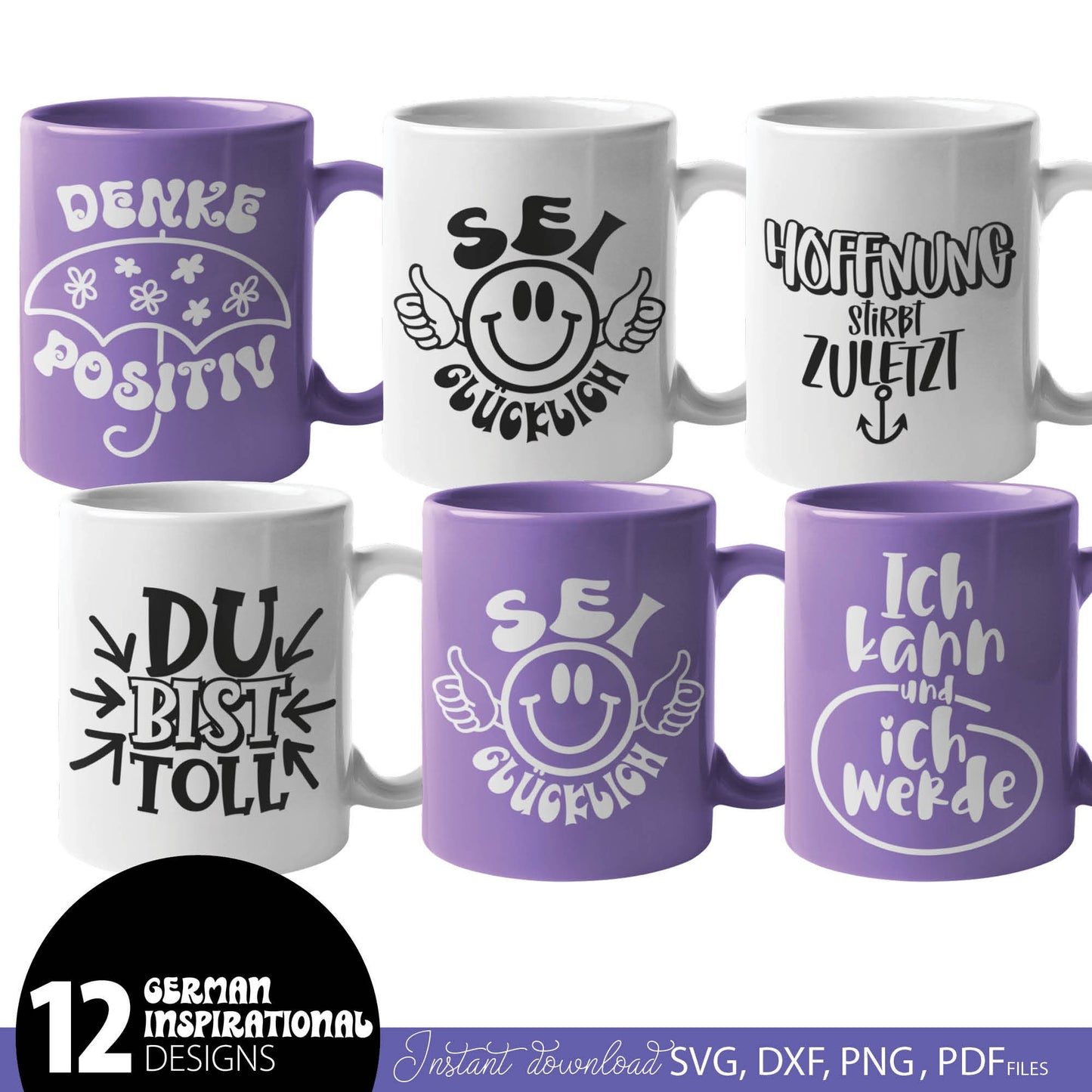 German Optimistic quotes Plotter File Bundle Great design for shirts, cups, etc. for students. SVG, DXF, EPS, PNG Files compatible with cutting, engraving and laser cutting machines. Buy now for a good price and enjoy!