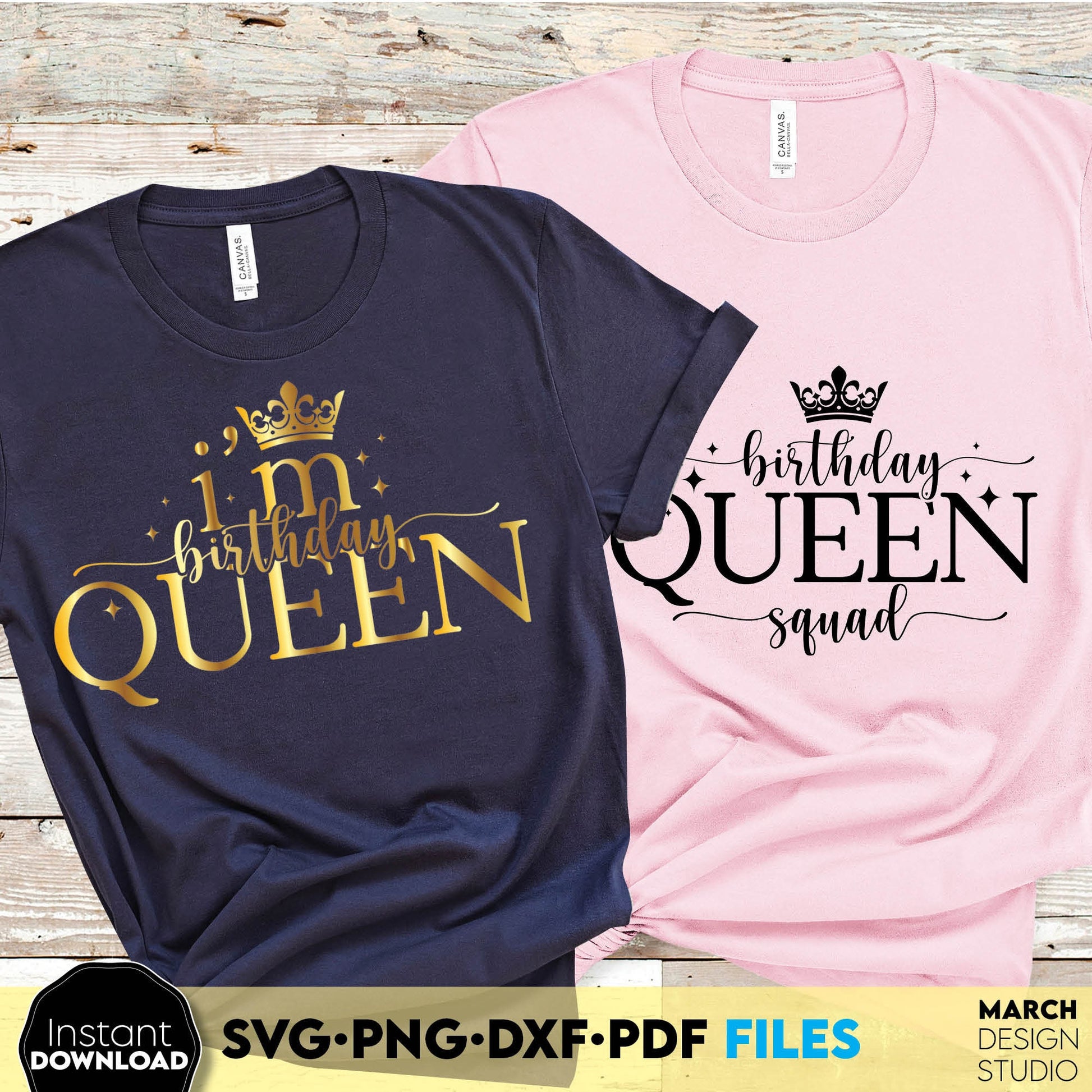 I am Birthday queen and birthday squad designs for cut from vinyl and sublimation projects. Gold design is royal and beautiful. Compatible with Cricut, Silhouette and other equipment. Buy now for a good price and enjoy!