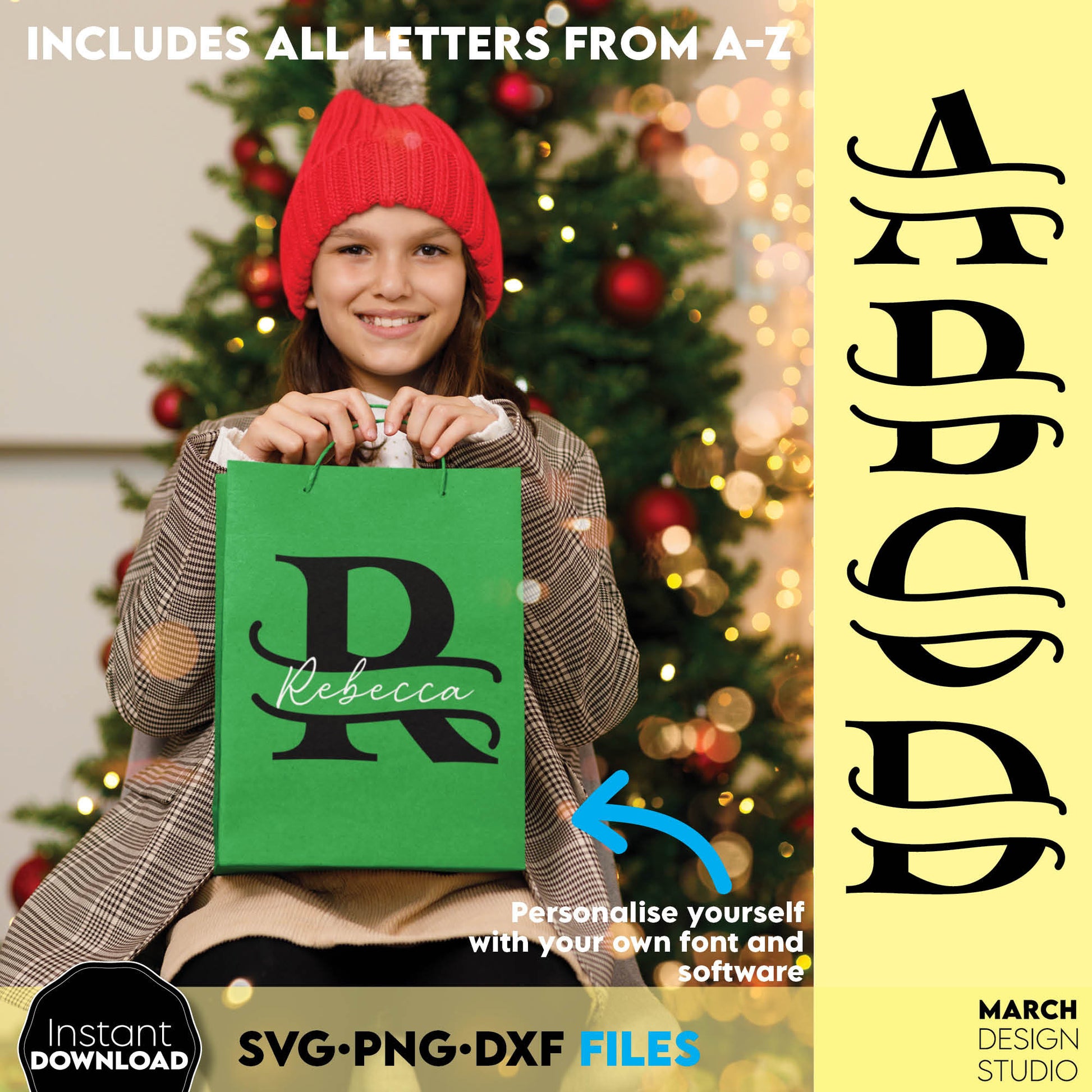 Split Christmas letters designs for Your Christmas gift projects or home decoration. Files allow you to use designs for engraving on glass, making shirts, tumblers with Cricut, Silhouette equipment. Monogram files also easy to use for laser cutting.