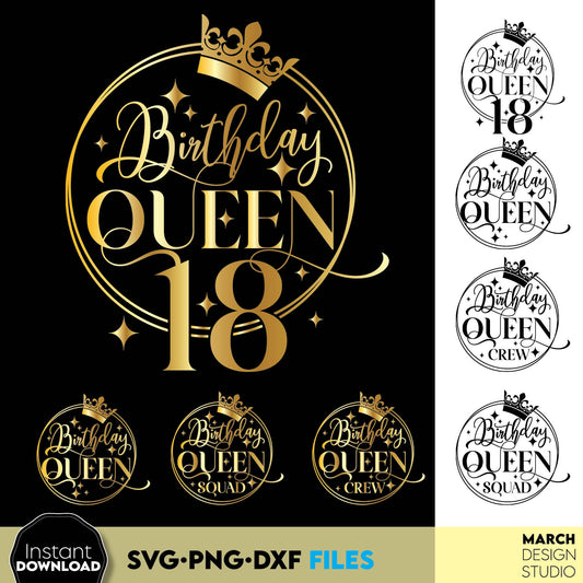 18th birthday queen shirts designs for matching birthday shirts. SVG, PNG, DXF files included. Compatible with Cricut, Silhouette or other equipment. Cut from vinyl, use for sublimation or laser cut projects. Buy now for a good price and enjoy!