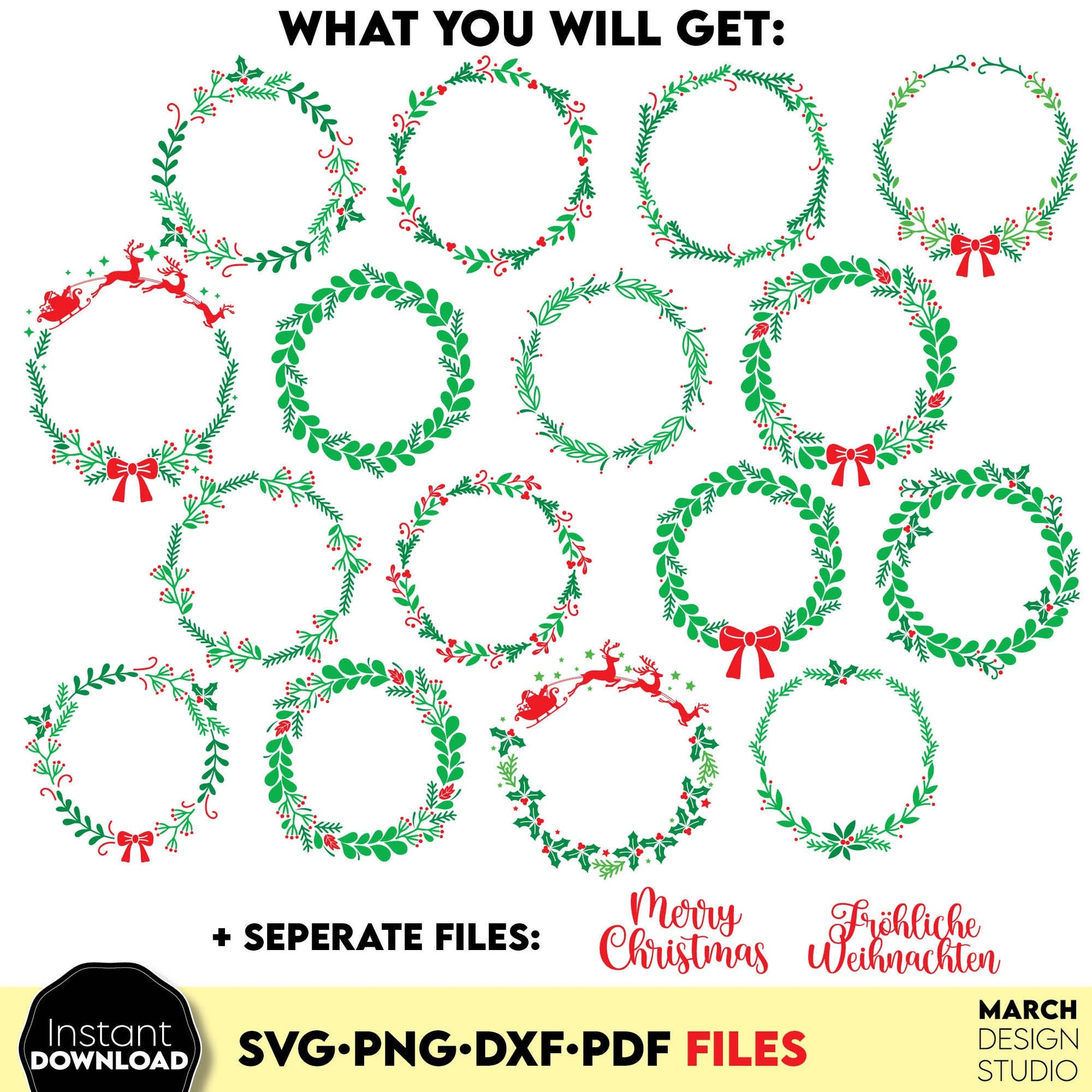 16 Christmas Wreath bundle for Your Christmas Ornaments. SVG PNG DXF PDF files included. Compatible with Cricut, Silhouette or other equipment. Cut from vinyl, use for sublimation or laser cut/ grave projects. Buy now for a good price and enjoy!