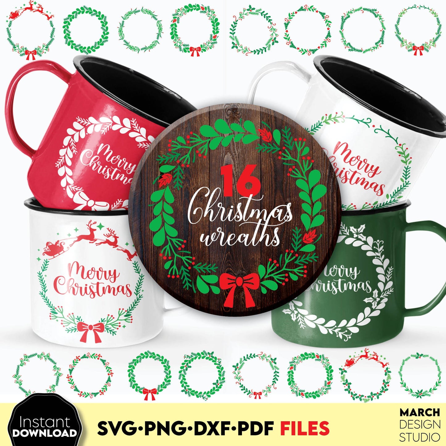 16 Christmas Wreath bundle for Your Christmas Ornaments. SVG PNG DXF PDF files included. Compatible with Cricut, Silhouette or other equipment. Cut from vinyl, use for sublimation or laser cut/ grave projects. Buy now for a good price and enjoy!